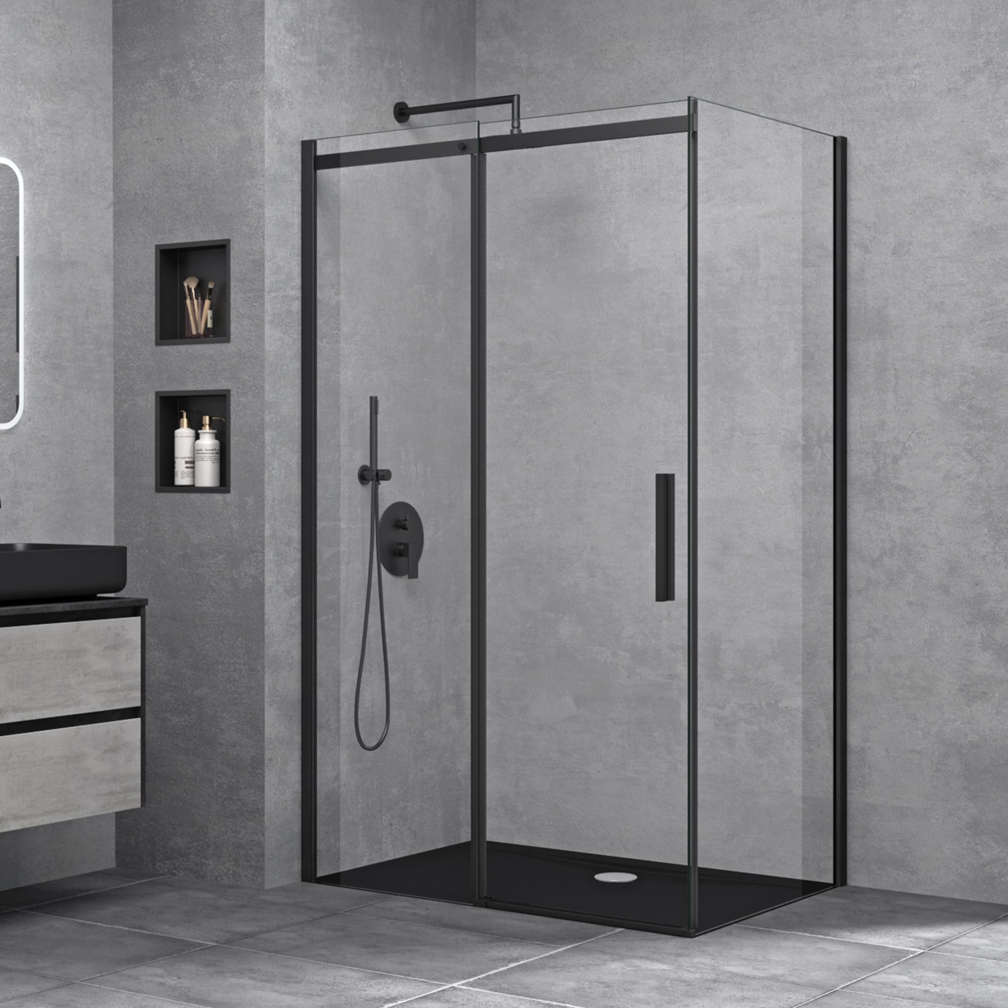 doporro Cabine de Douche Rectangulaire en Angle 90x110cm Porte Coulissante | Paroi de Douche Hauteur de 195cm, Verre Transparent, Profilé Noir, Montage Réversible, Ravenna18K