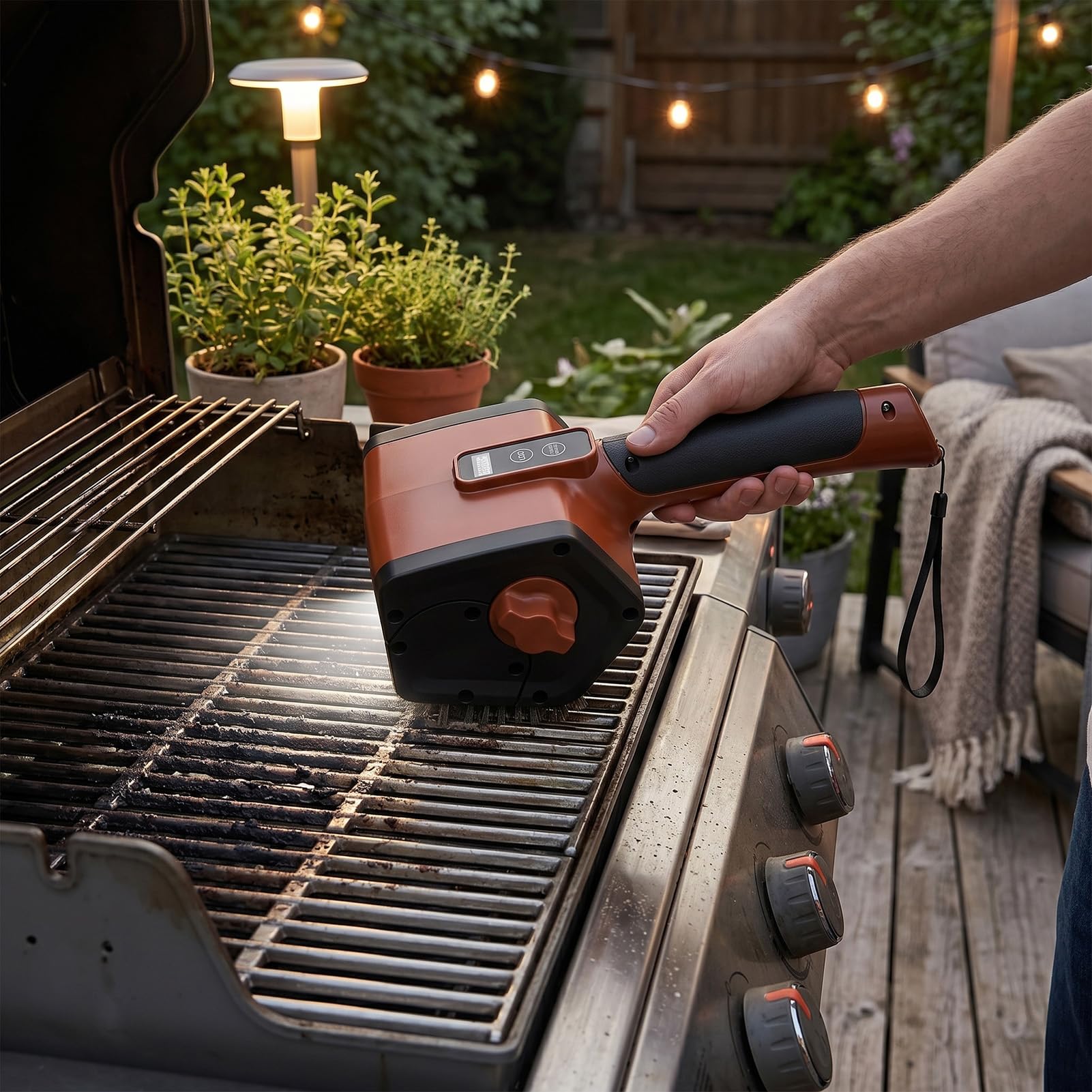 Sxhlseller Spazzola per Barbecue con Luce a LED, Detergente per Griglia Elettrica Ricaricabile |Lavapavimenti Rotante in Acciaio Inossidabile 304 Antispruzzo con Impugnatura Ergonomica per Uso Esterno