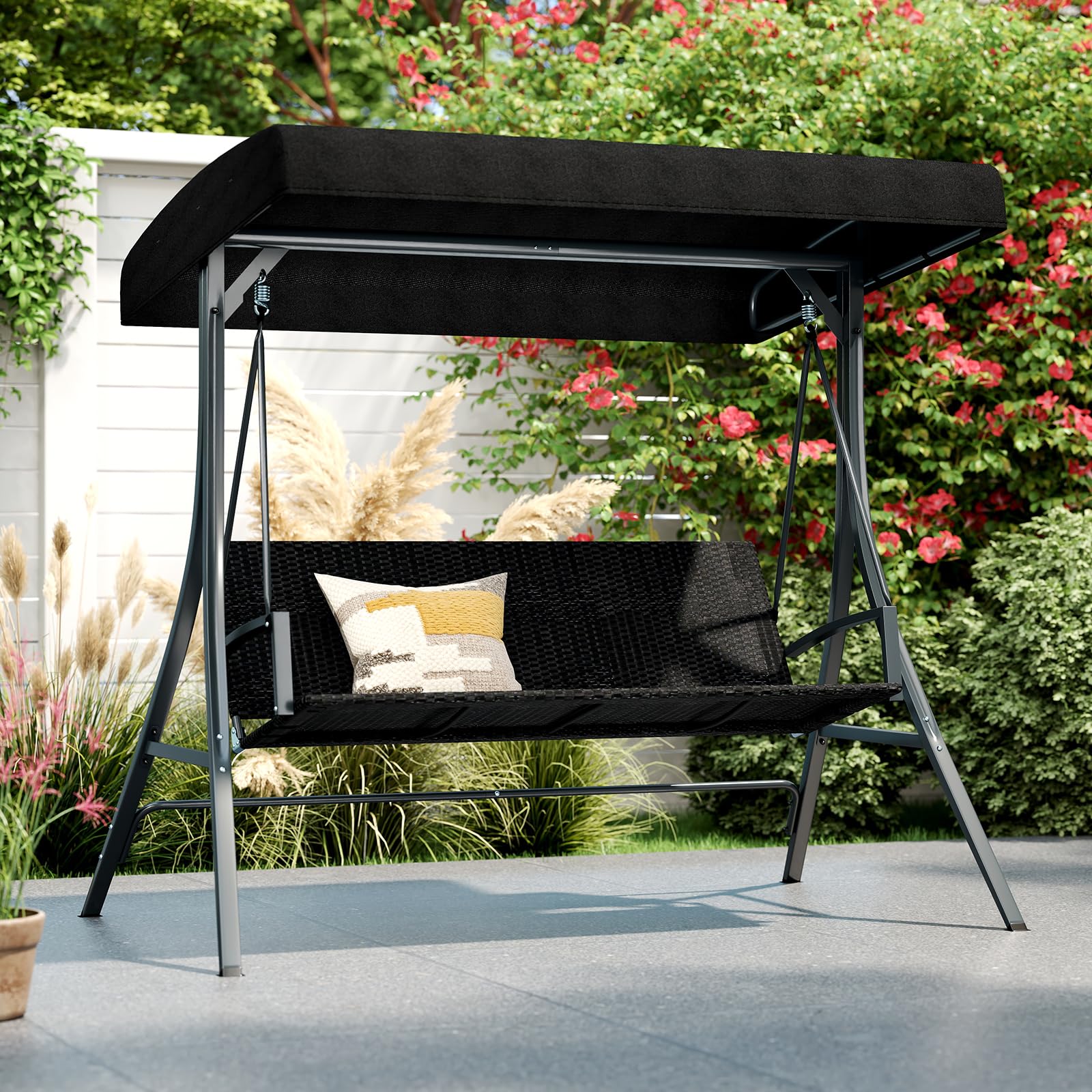 COSTWAY Balancin Jardin Exterior de 3 Plazas, Techo Ajustable, Respaldo de Asiento de Ratán, Estructura Metálica, Columpio Jardin Exterior Porche Patio Trasero, 121 x 145 x 176 cm, Carga 450kg