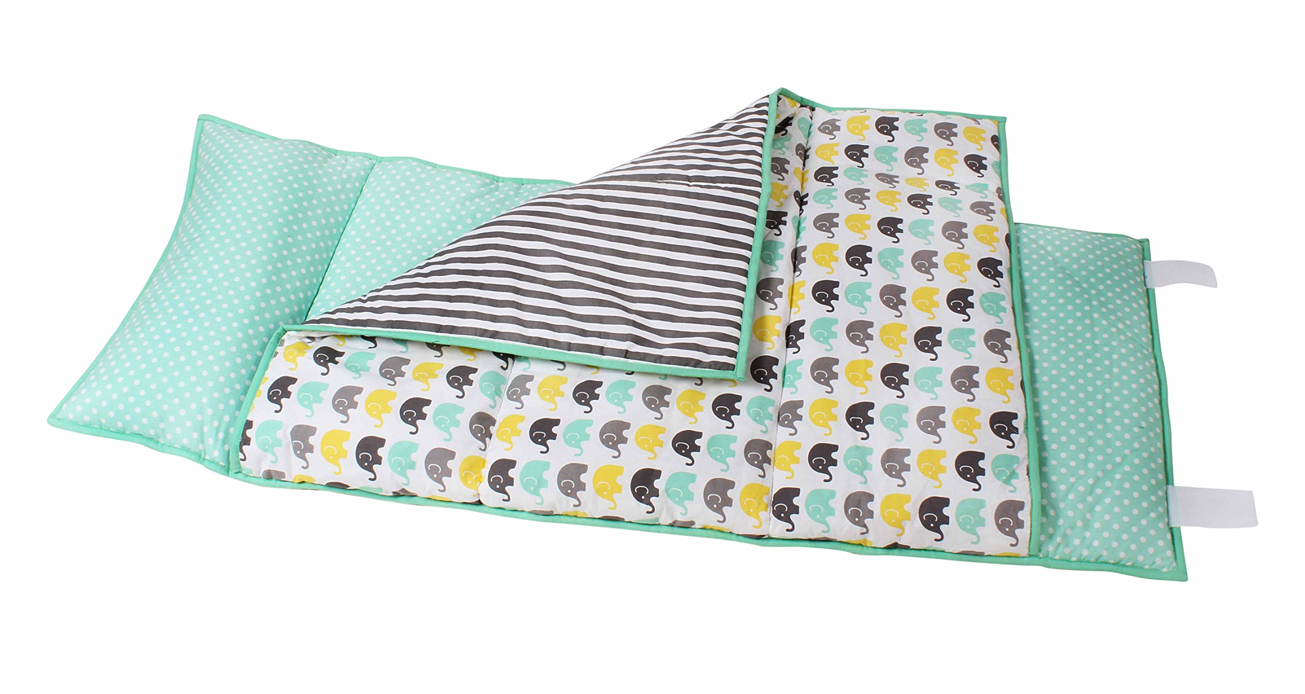 Bacati - 100% Cotton Percale Fabrics Toddler Nap Mat with Removable Pillow Unisex, Measures 50 x 20 x 1.5 Inches, Perfect for Daycare, Preschool, Sleepovers (Elephants, Mint/Yellow/Grey)