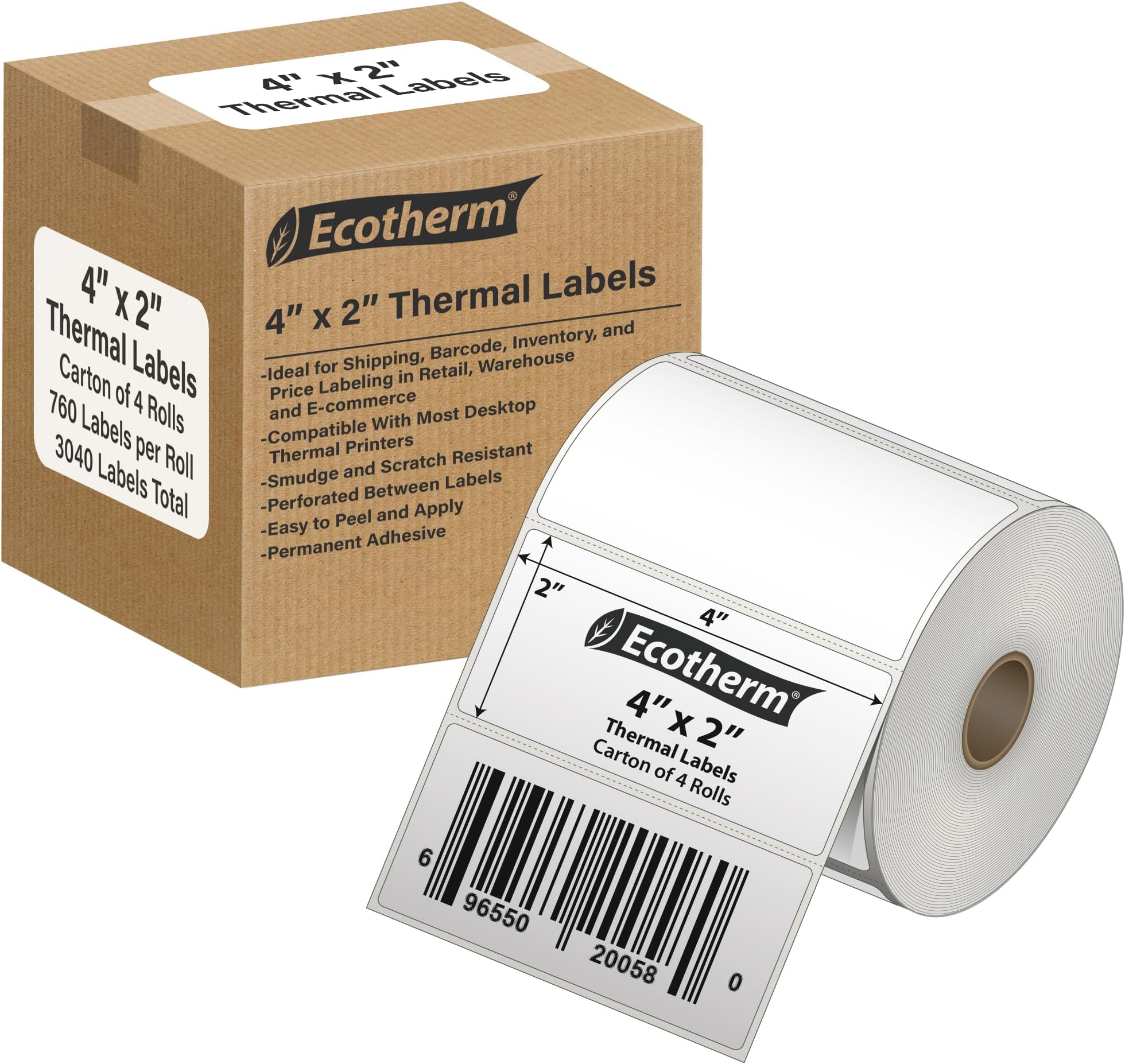 4" x 2" Thermal Labels | 4 Rolls | 3040 Labels | fits Zebra, Munbyn, Rollo, Godex, Arkscan, iDPRT, Offnova Thermal Label Printers and More | Blank White Adhesive Stickers