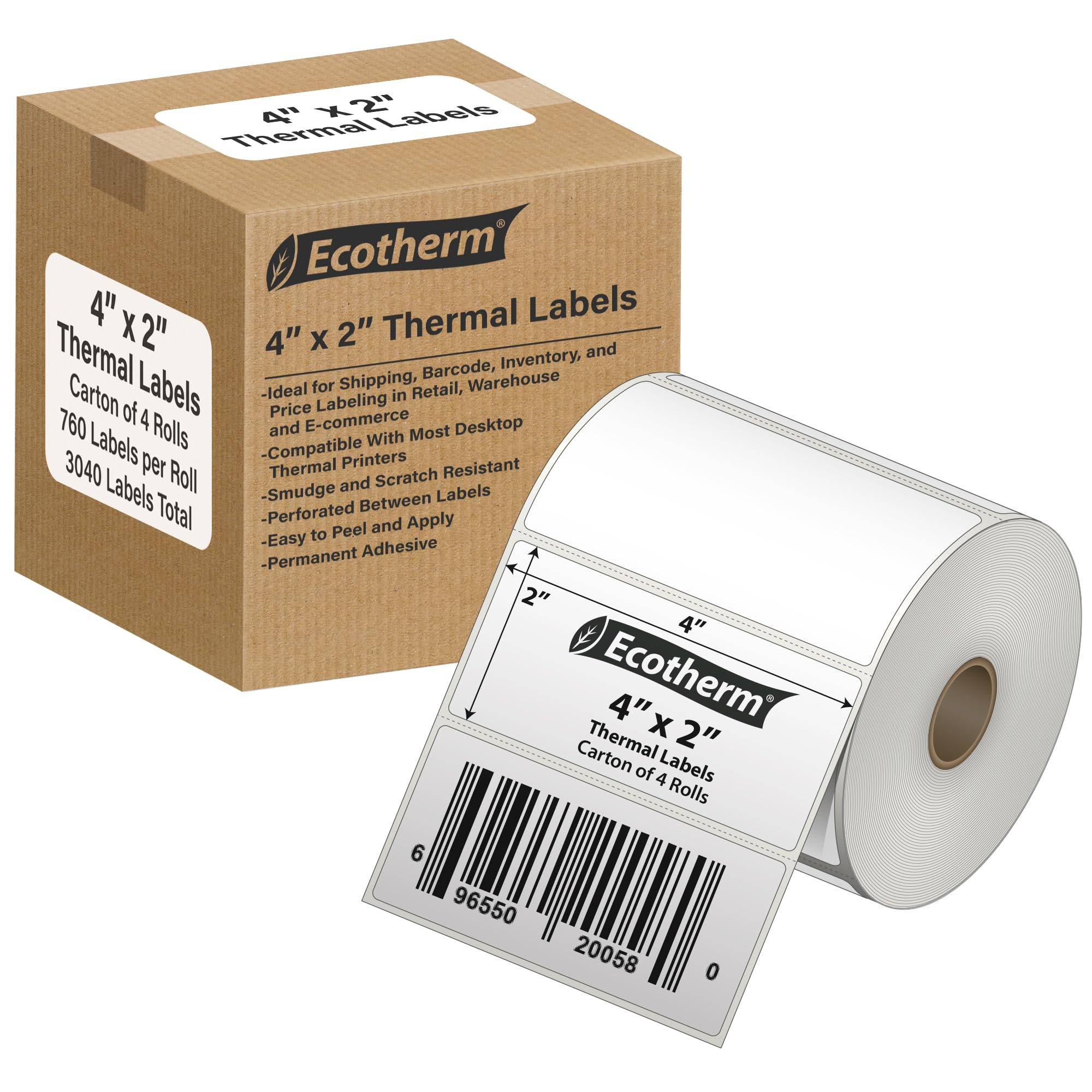 4" x 2" Thermal Labels | 4 Rolls | 3040 Labels | fits Zebra, Munbyn, Rollo, Godex, Arkscan, iDPRT, Offnova Thermal Label Printers and More | Blank White Adhesive Stickers