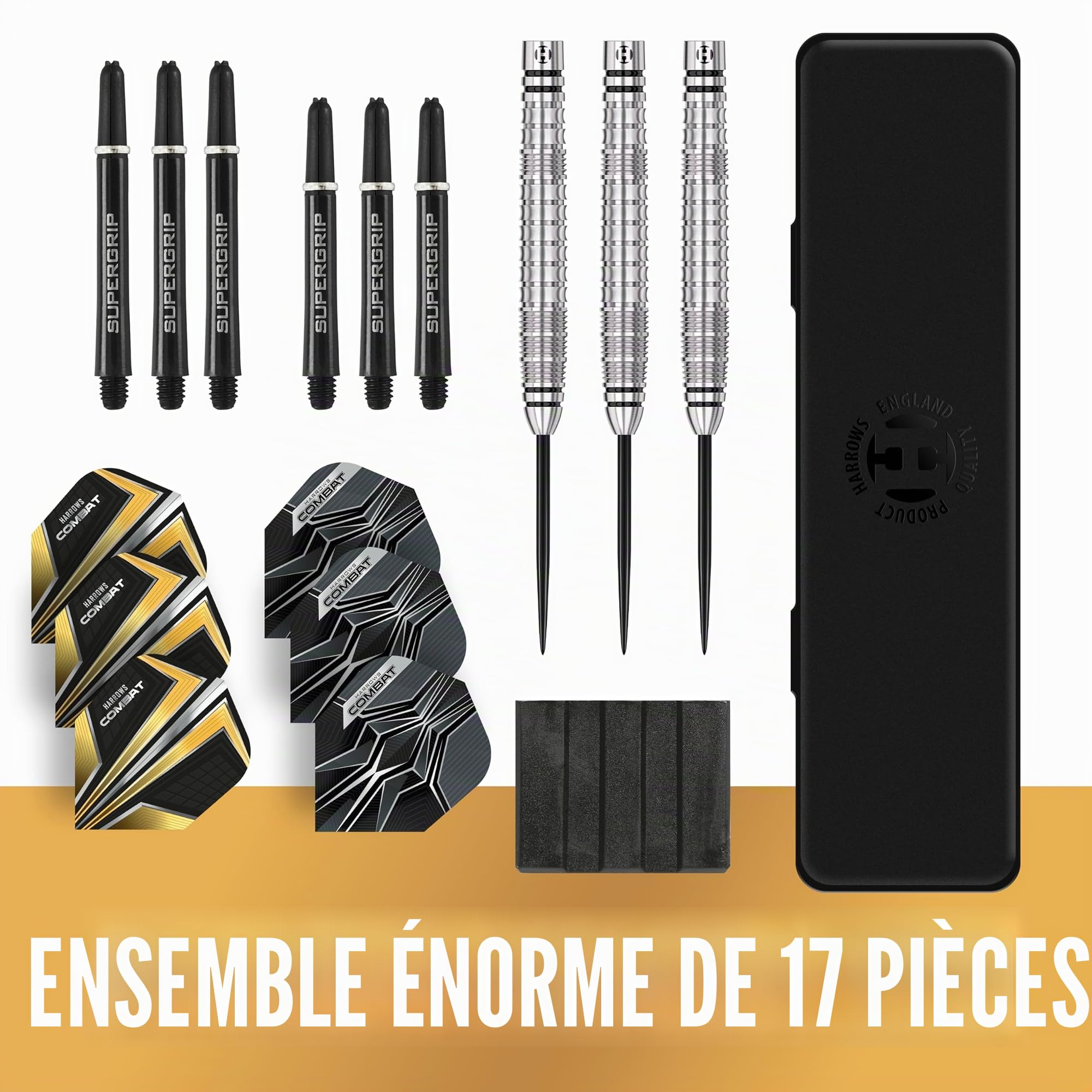 Harrows Jeu de fléchettes Combat 90% tungstène Pointe en Acier I 21 g à 30 g Tous Poids Disponibles I énorme Lot de 17 pièces avec tiges de Rechange, ailettes Prime et étui de Voyage