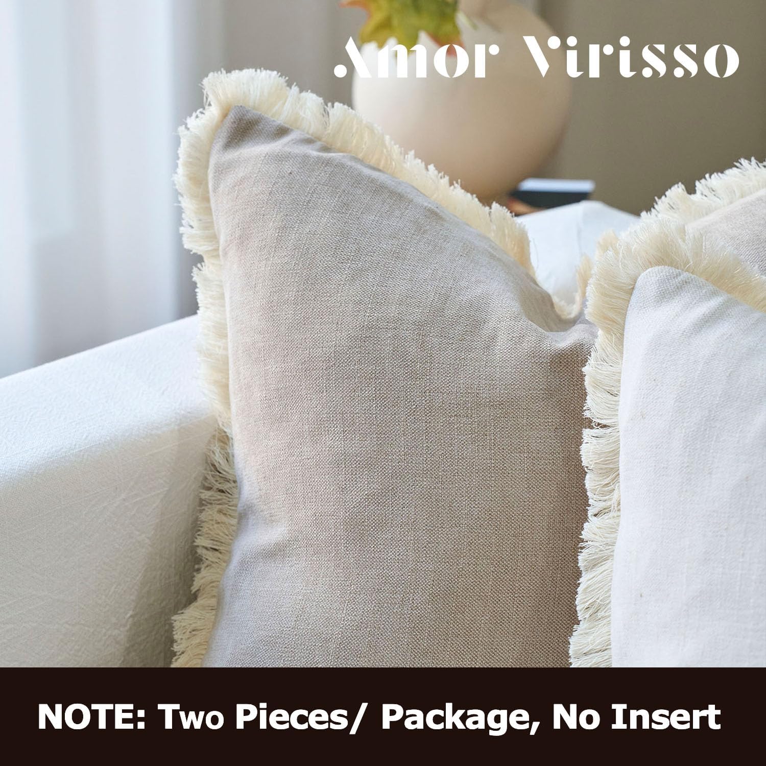 Amor Virisso Fringe Throw Pillow Covers 18x18 Set of 2 Boho Neutral Farmhouse Decorative Pillow Covers with Tassels for Couch Sofa Bed, Neutral
