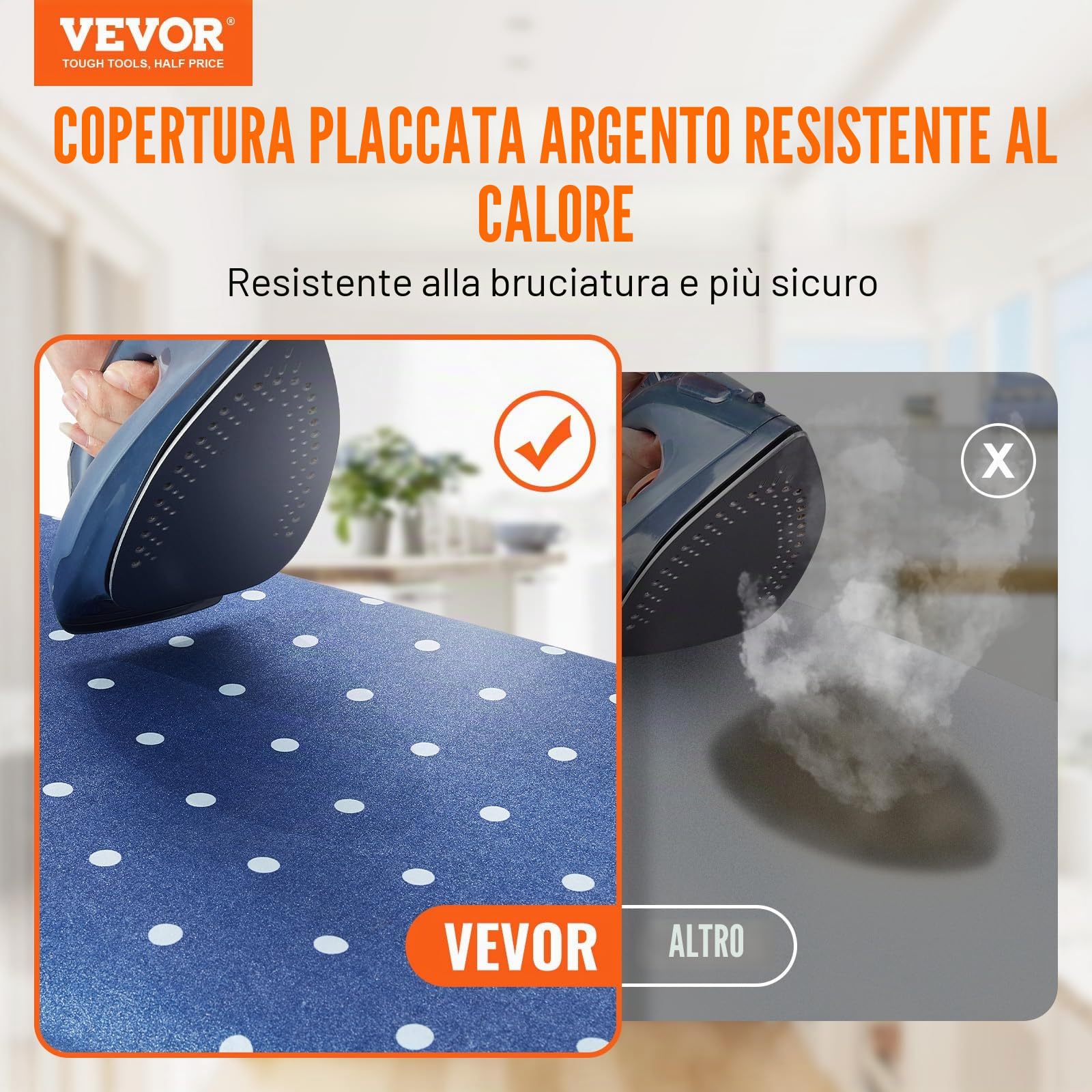 VEVOR Asse da Stiro 140 x 37 cm Asse da Stiro 4 Strati 7 Altezze Regolabili 640-970 mm con Copertura Anti-calore 100% Cotone per Casa Lavanderia Bagno 1540 x 370 x 970 mm, Asse per Stirare Pieghevole
