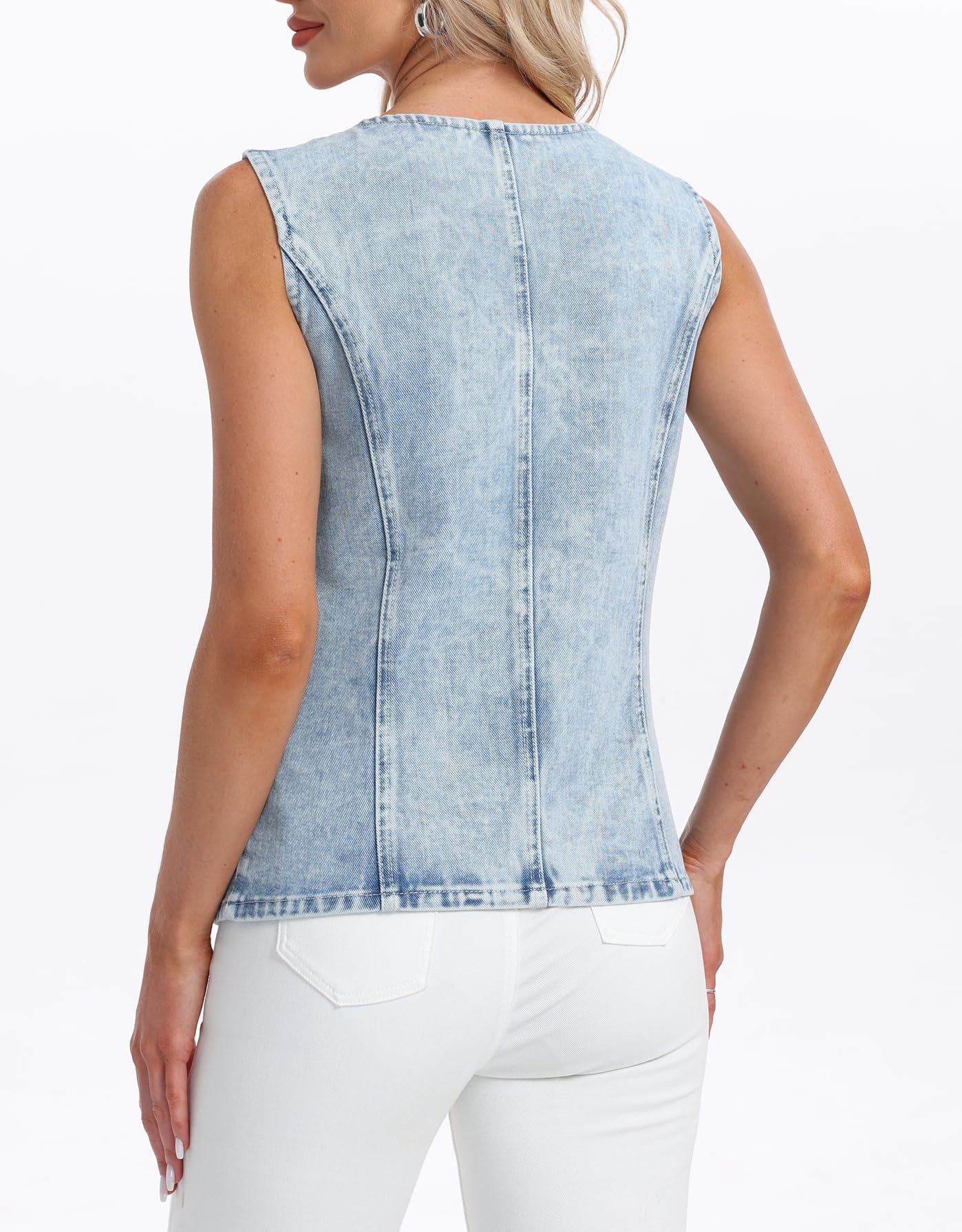 Ladyful Damen-Denim-Weste, Knopfleiste, Jeans, Tank-Top, ärmellos, Rundhalsausschnitt, Jeansweste mit Taschen