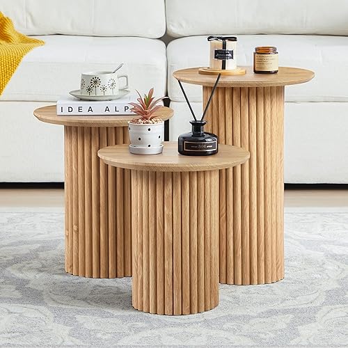 Miniatura 9 de Juego de 3 mesas de centro redondas anidadas, moderna de mediados de siglo, juego de mesa auxiliar y mesa auxiliar acanalada de madera pequeña para