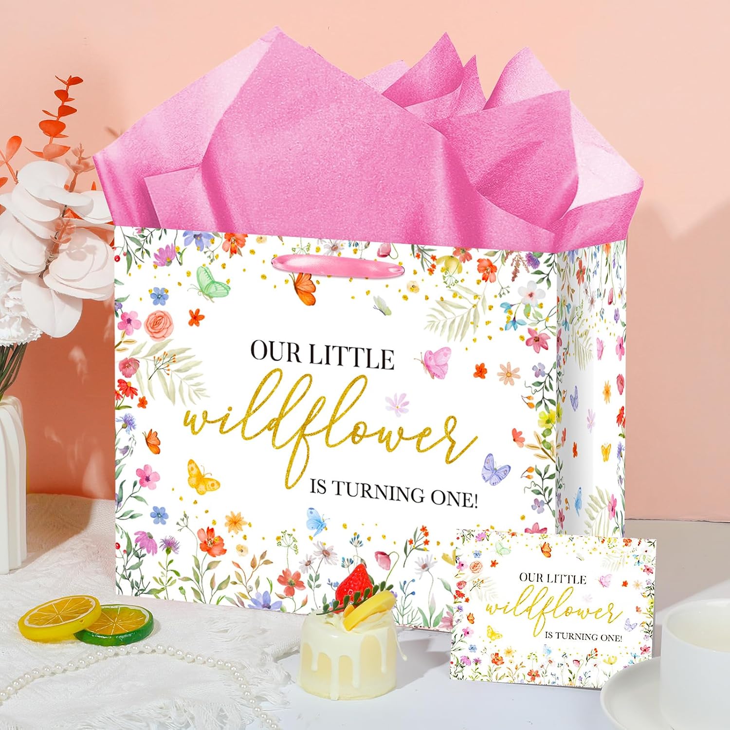 Wildflower 1st Birthday Gift Bag Our Little Wildflower is Turning One Bag with Tissue Paper Card Floral Wild and Onederful First Birthday Girl Gift Wrapping Paper Pink Wild One Baby Shower Party Decor