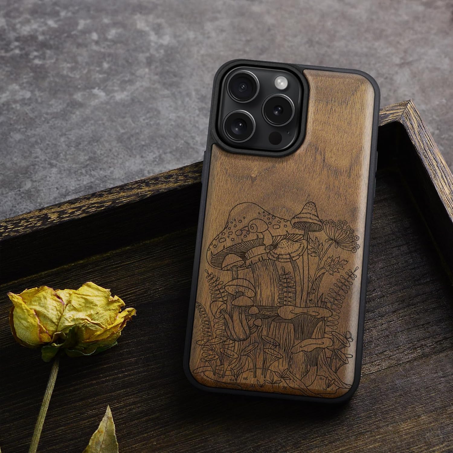 Carveit Magnetic Wooden Case for iPhone 16 Pro Max Case, Wood Artisan Engraved & Black Soft TPU Shockproof Cover, Compatible with MagSafe Wireless Chargers (Vintage Mushrooms) Walnut