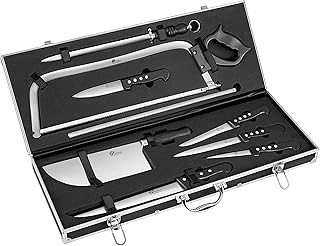 Pradel Excellence – Maletín para cuchillos de carnicero de 9 piezas – Cuchillos de carnicero, sierra, afilador – acero inoxidable 420J2 – Maletín de aluminio – Logotipo grabado, negro y plateado