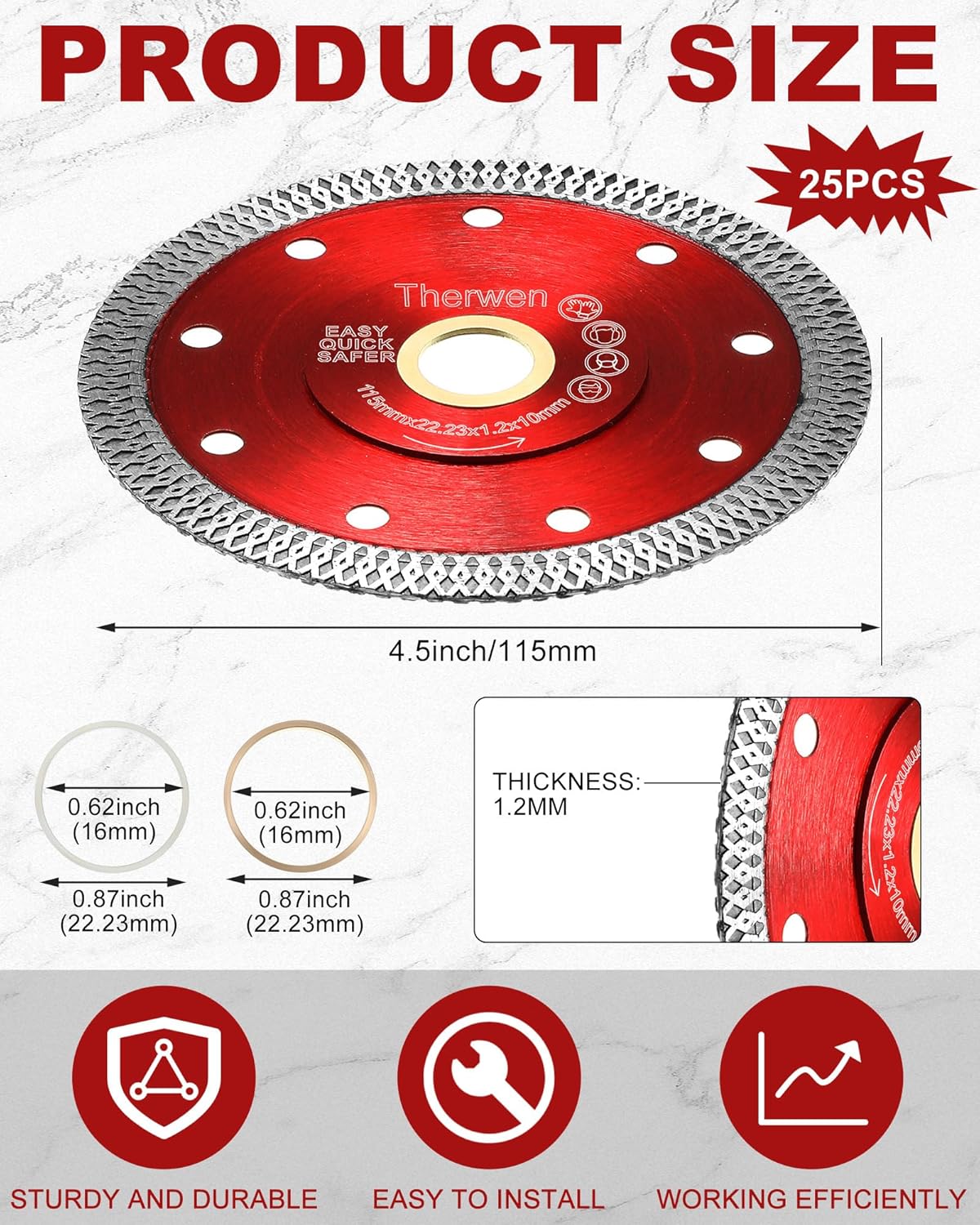 Therwen 25 Pcs Diamond Saw Blade Bulk 4.5 Inch Thin Tile Blade for Angle Grinder Tile Tools for Cutting Porcelain Ceramic Granite Marbles(Red)
