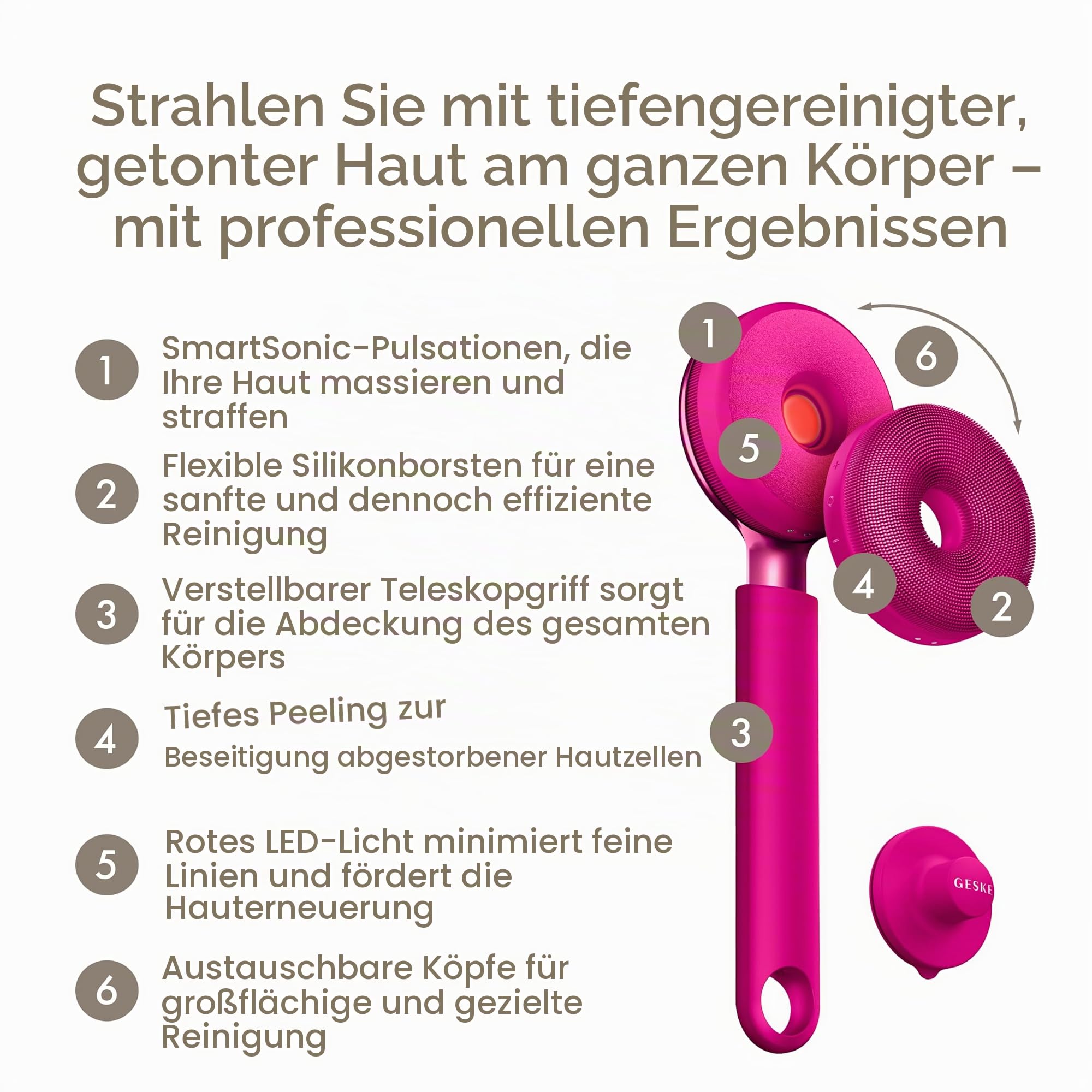 GESKE Sonic LED Full-Body Brush & Intensive Exfoliator 9in1 | Körperbürste | Elektrische Körperreinigungsbürste & Intensivpeeling | Tiefenreinigung und Massage | SmartSonic Pulsations