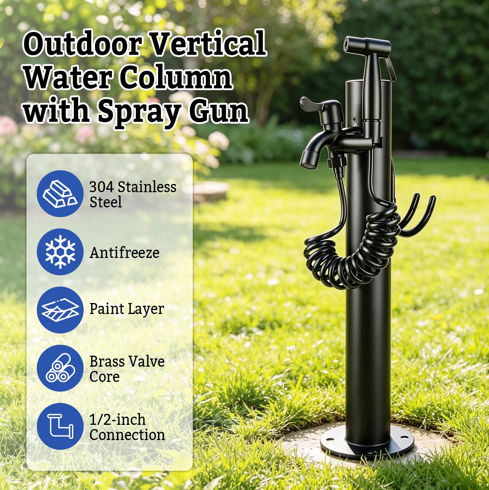 Columna de Agua Vertical para Exteriores con Grifo (Altura: 60 cm) | Hidrante cilíndrico con pistola rociadora, grifo de jardín anticongelante con soporte para manguera y base redonda