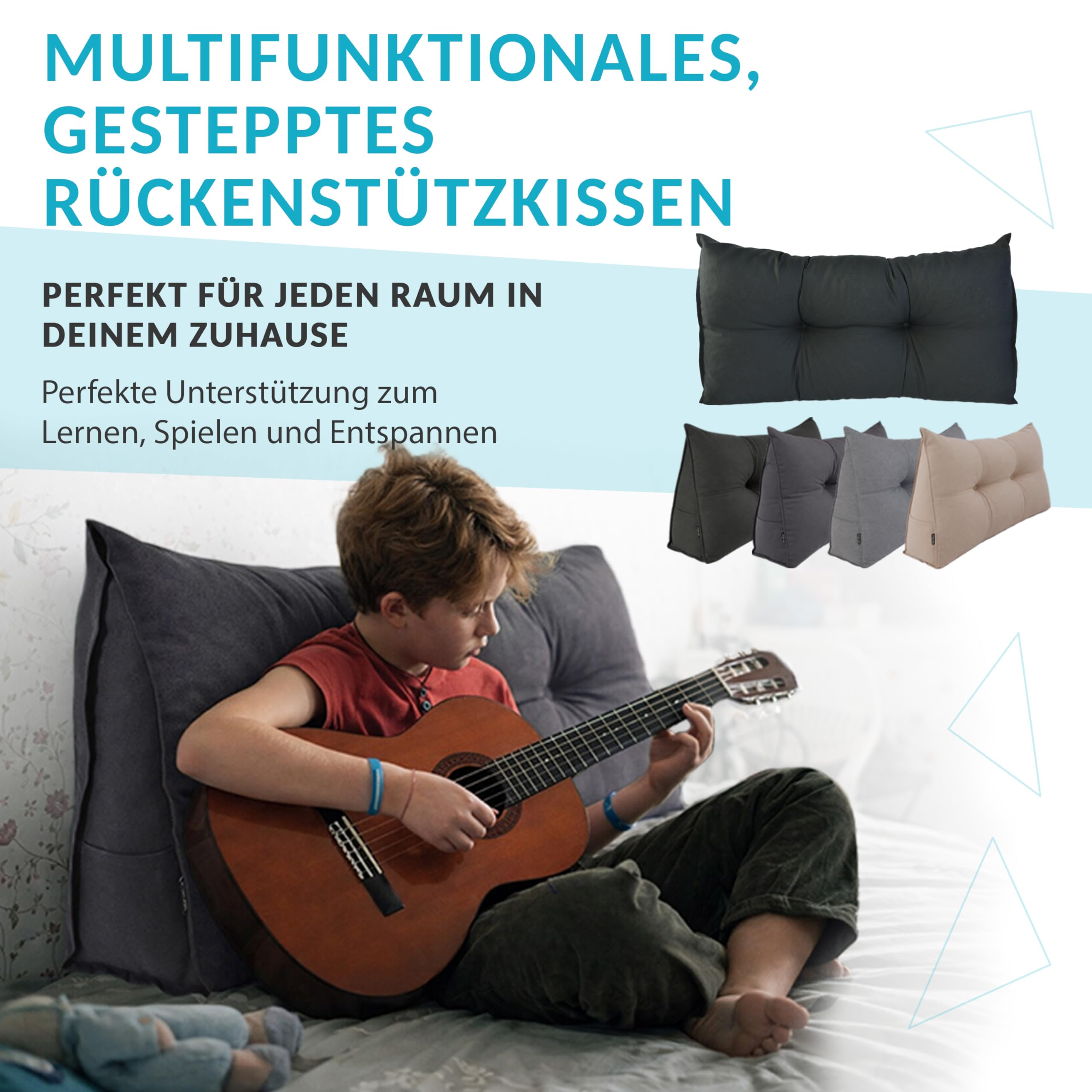 POKAR Rückenkissen 180x50x20 cm | Lesekissen für Bett und Sofa | Großes Keilkissen als Sofakissen für Rückenlehne | Wandkissen mit praktischen Seitentaschen | Oeko Tex 100 Zertifiziert | Grau