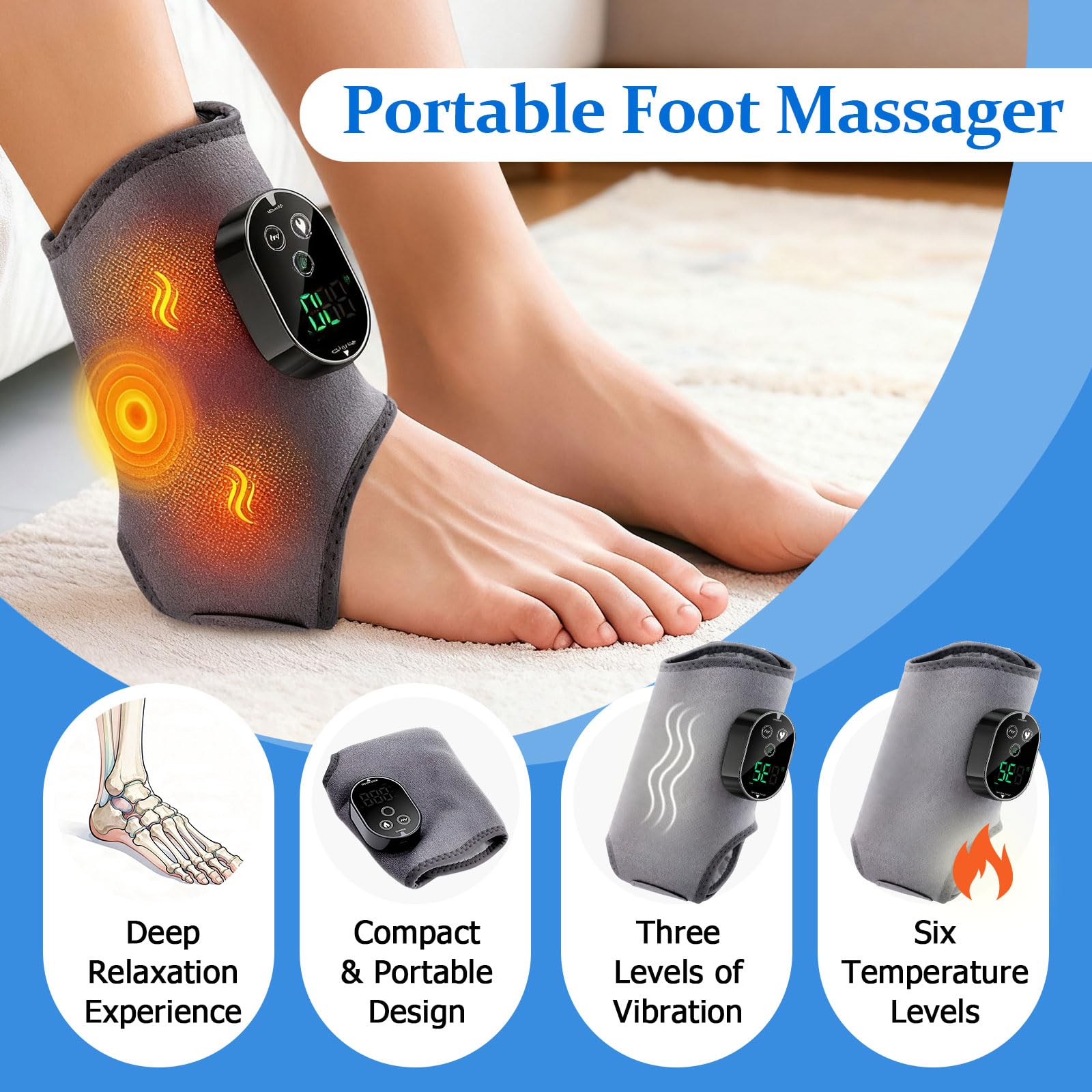 Version Masseur de pieds 3 en 1 avec batterie super longue durée de vie, port de charge USB noir, 3 modes de vibration, contrôle de la température à 6 vitesses, circulation et soulagement de