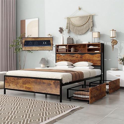 Miniatura 1 de Base de cama de tamaño matrimonial con cabecera de estantería integrada, plataforma de soporte de listones de metal con 2 cajones de almacenamiento,