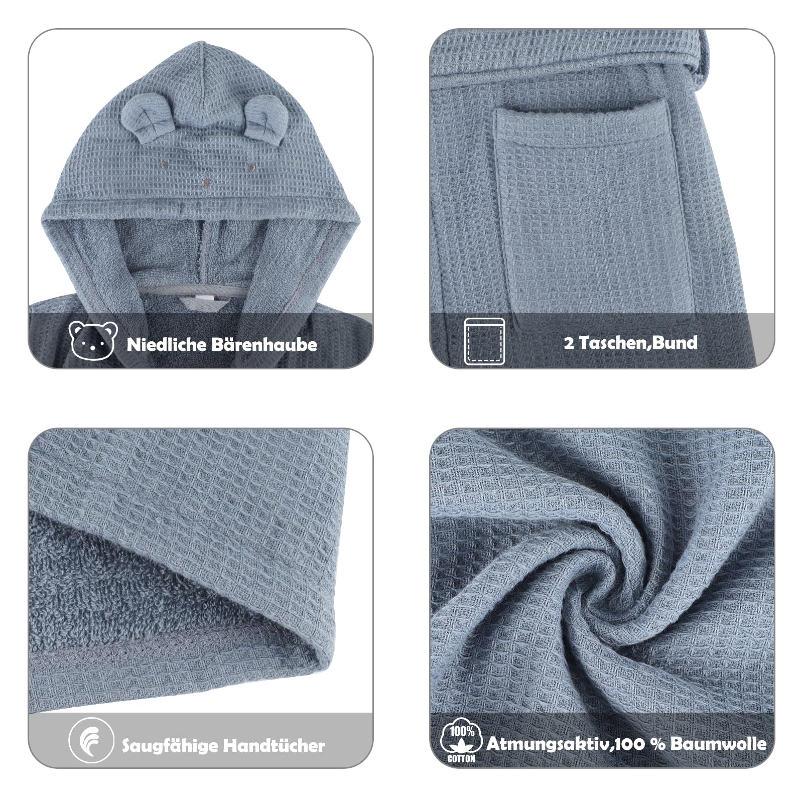 KAKU NANU Peignoir de Bain Enfant 100% Coton Garcon Fille 2-10 Ans 5 Couleurs,Avec Ceinture,La Capuche,Douce et Absorbante Tissu Eponge Peignoir