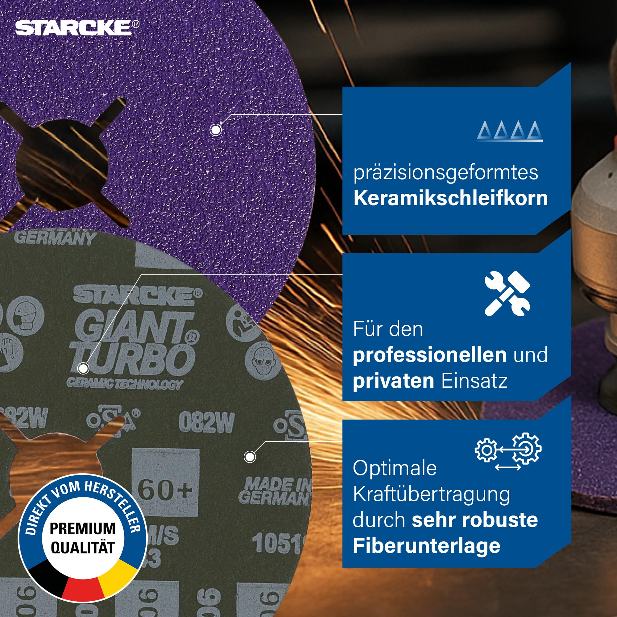 STARCKE® Fiberscheiben 125mm Metall für Winkelschleifer [25x] SET mit Stützteller - MADE IN GERMANY - GIANT TURBO - Fiberscheibe & Flexscheibe - für Stahl, Edelstahl, Aluminium, Titan (P36)