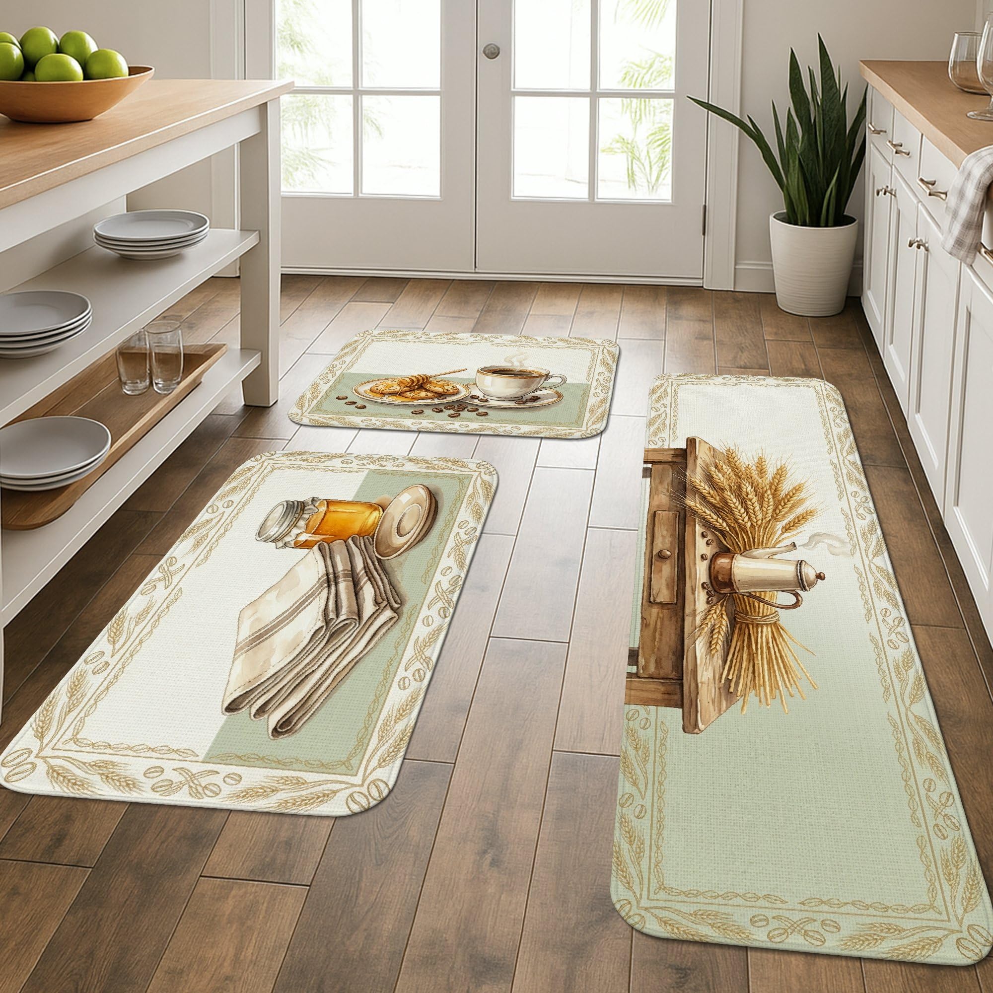 Tapis en pain de blé d'automne beige lavable : lot de 3 tapis confort pour évier et entrée