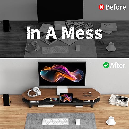 Miniatura 5 de Soporte elevador para monitor doble, soporte de monitor grande de 39.4 pulgadas con estante de almacenamiento, organizador de escritorio de 2