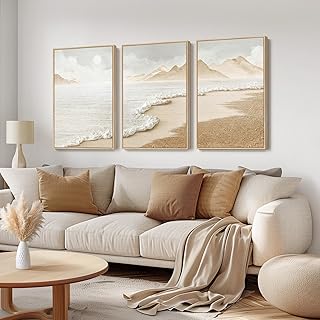Framed Boho Coastal Beach Wall Art for Living Room, Large Neutral Abstra...