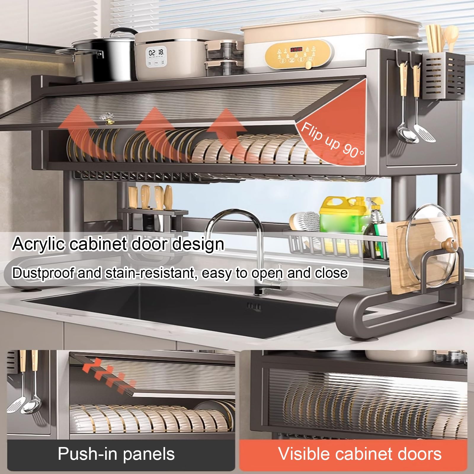 Scolapiatti sopra il lavello con coperchio, salvaspazio, in acciaio al carbonio, per piatti e piatti (74,9 cm), ideale per piccole cucine