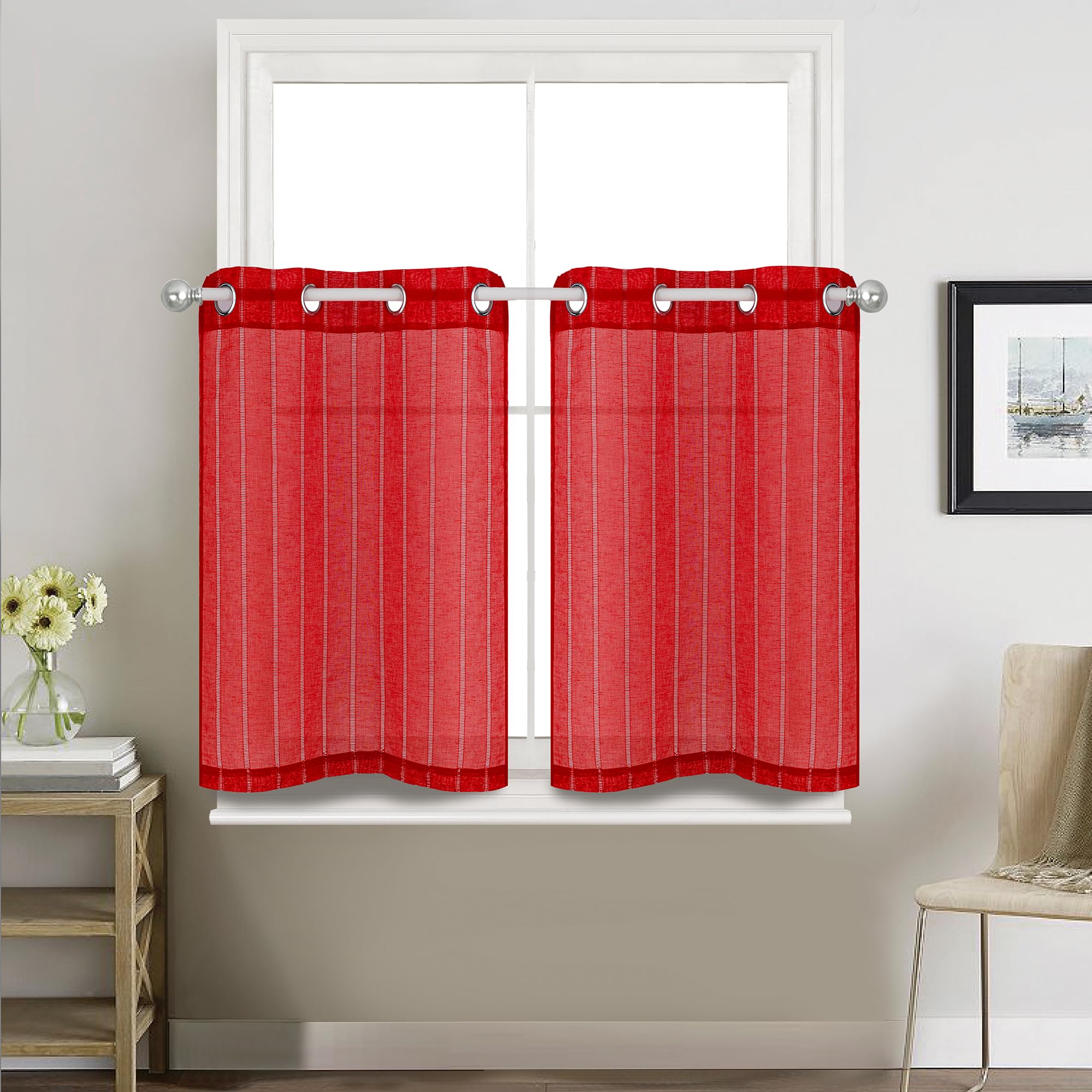 Tony's collectionValentines Red Sheer Tier Curtain Linen Textured Half Kitchen Curtains Sheer Light Filtering Grommet Voile Small Curtains for Bathroom(26x36 Inch, Red, 2 Panels)