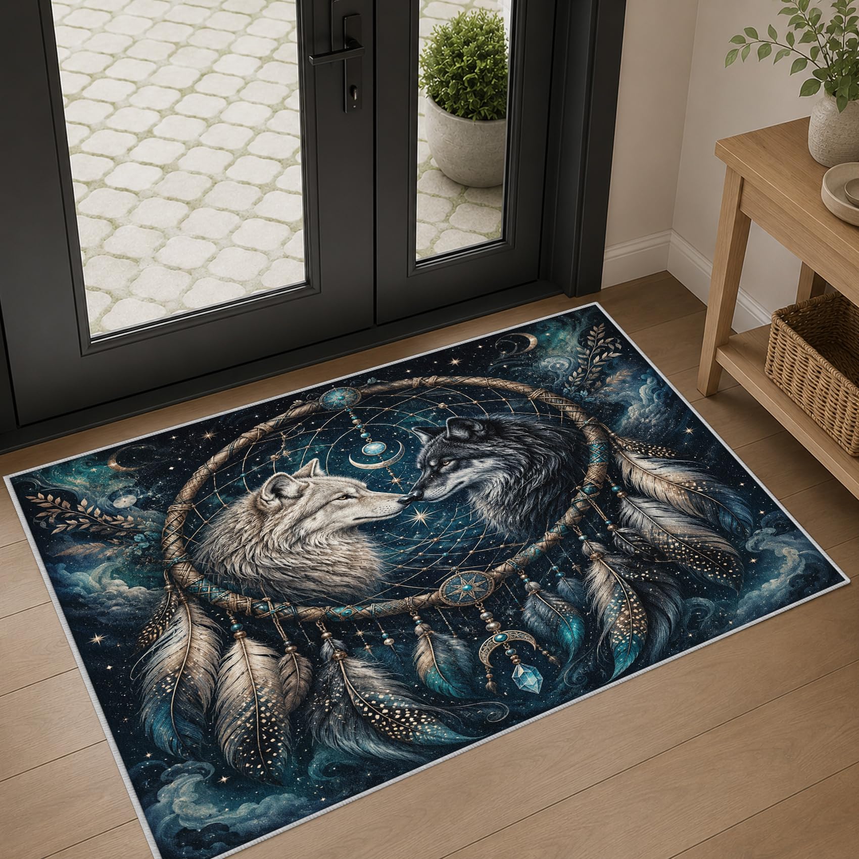 Generisch Wolf Traumfänger Teppich Waschbar rutschfest 80x150cm | Blau Galaxie Teppiche, Weich Kurzflor Teppich für Wohnzimmer Schlafzimmer Bettvorleger Küche, tV674