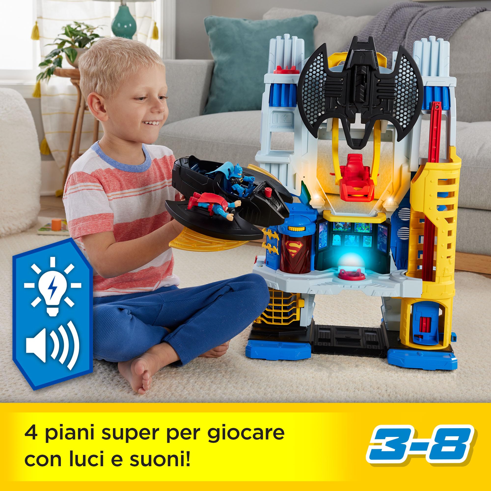 Imaginext DC Super Friends - Super Quartier Generale, playset con luci e suoni alto 60 cm, con personaggi Batman e Superman, Batmoto e tanti accessori inclusi, giocattolo per bambini, 3+ anni, HNW08