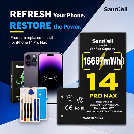 SannXell Upgraded High Capacity Battery for iPhone 14 Pro Max Replacement, 16687mWh 0 Cycle A2651 A2893 A2894 A2895 A2896 Model, Ultra Long Lasting Li-ion Battery with Full Repair Tool Kit