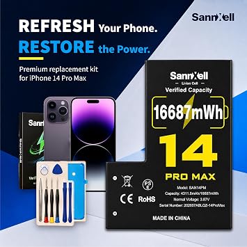 SannXell Upgraded High Capacity Battery for iPhone 14 Pro Max Replacement, 16687mWh 0 Cycle A2651 A2893 A2894 A2895 A2896 Model, Ultra Long Lasting Li-ion Battery with Full Repair Tool Kit