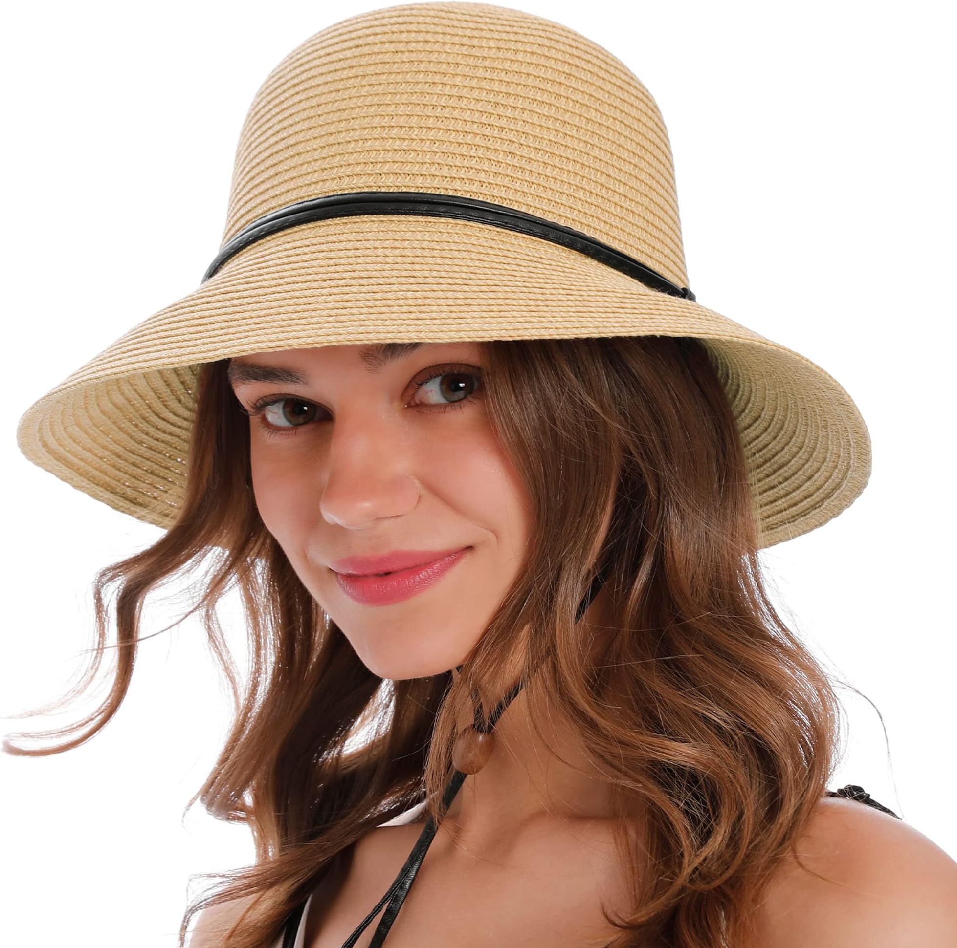 Women's UPF 50+ Wide Brim Braided Straw Sun Hat with Lanyard Natural-Brown