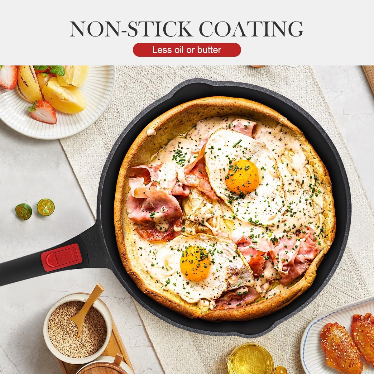 12 Inch Frying Pans Nonstick with Lid, Non Stick Saute Pan Skillet, Large Cooking Pan Kitchen Pans, Compatible with All Stoves, Detachable Handle, Oven Safe, PFOA Free, Red (5 Qt)