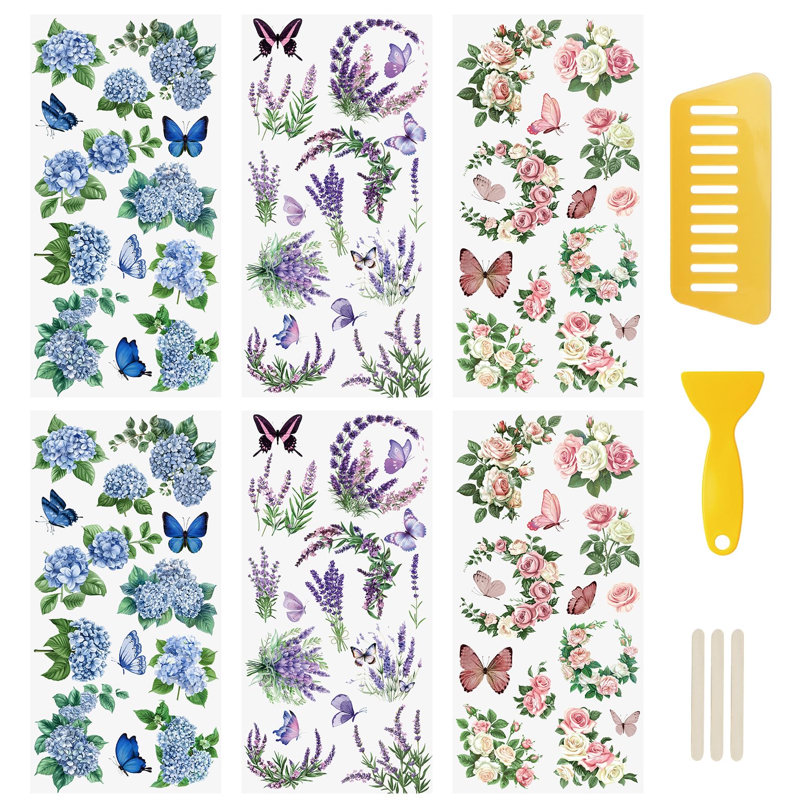 WANDIC Flower Rub On Transfer Stickers - 5 Pack Butterfly Window Decals 10x30cm