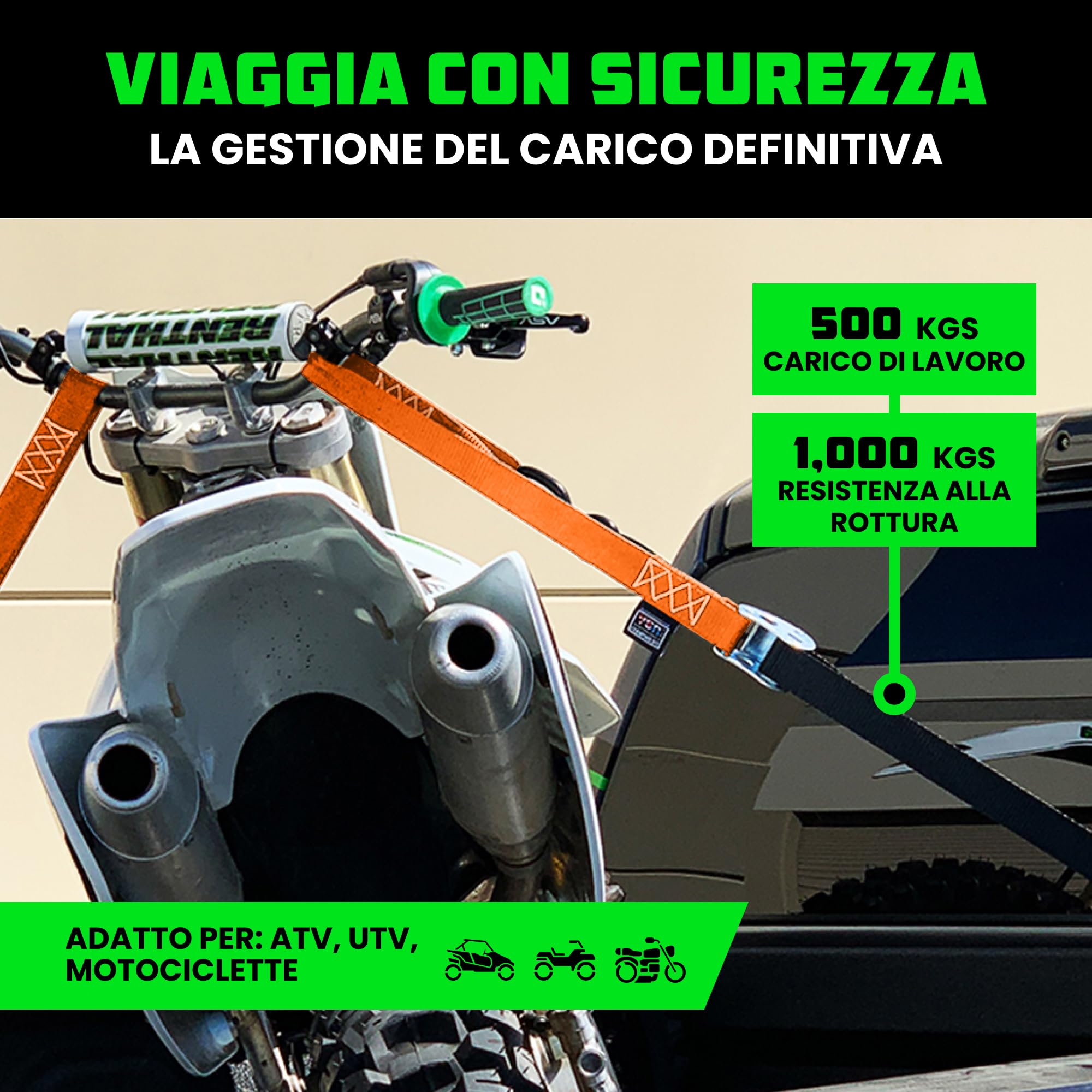 Rhino USA Cinghie a Cricchetto per Moto 1000 kg - Cinghie di Fissaggio a Cricchetto - 2 Pz - Cinghie con Ganci a S con Sicura - Cinghia a Cricchetto - per Viaggio Trasporto Trasloco - Orange