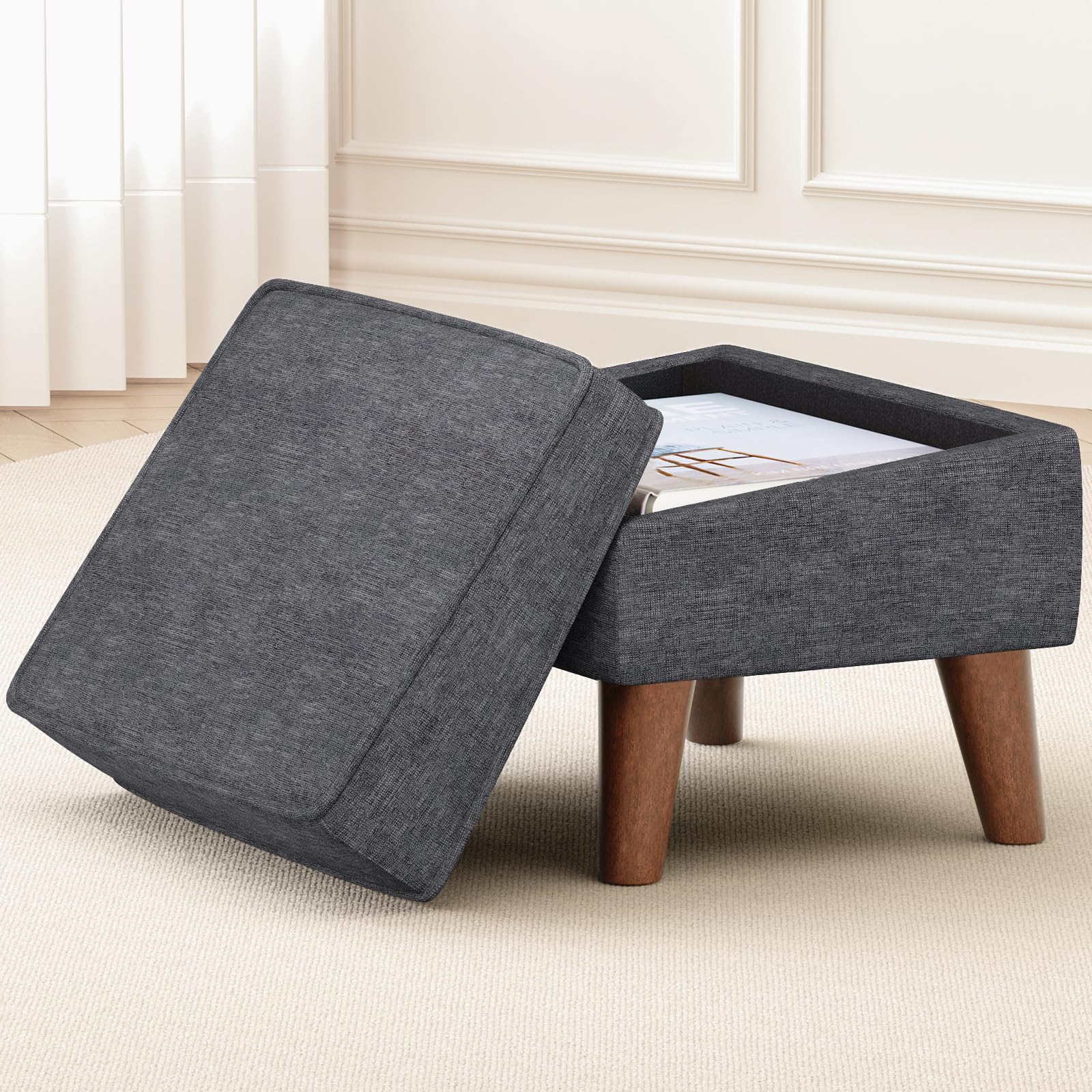 FAGAGA Small Footstool Ottoman with Adjustable Lid, Storage Ottoman