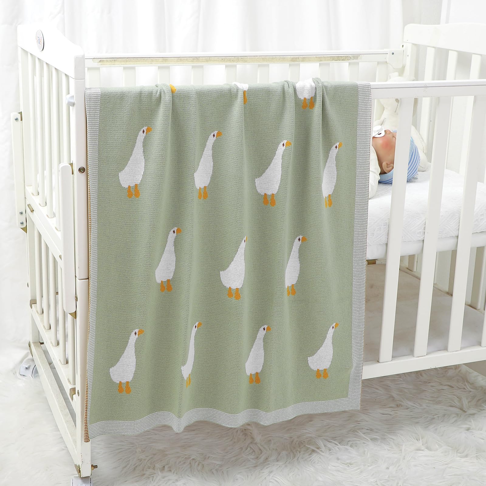 DovFanny Baby Blanket 100% Cotton Knitted Soft Blanket for Newbron with Lovely Zebra 100 x 80cm (green-goose) - Image 3
