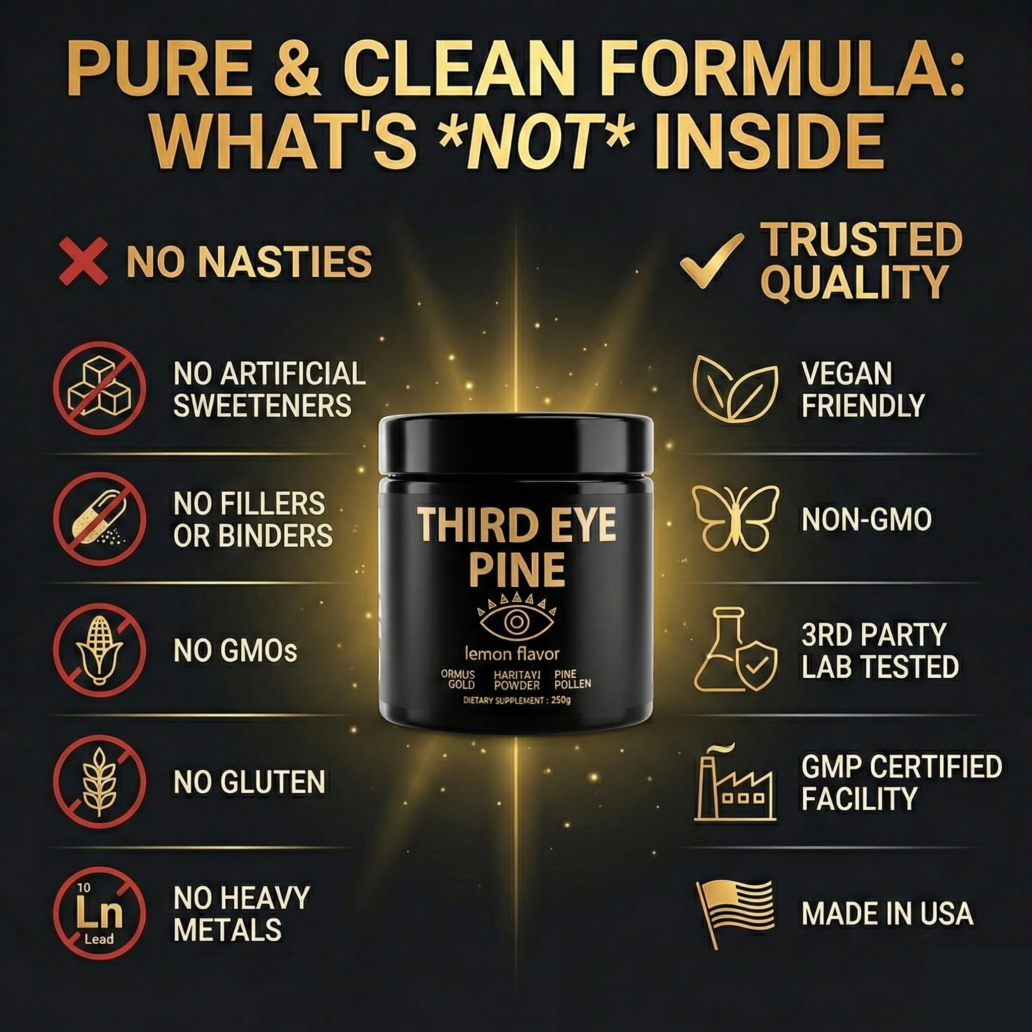 Third Eye Pine Powder Haritaki, Pine Pollen & Ormus 24k Gold Monoatomic | Wild Harvest, Broken Cell Wall, non-GMO, Vegan | Supports Detoxification, Pineal Gland Decalcification — Amazon image 5