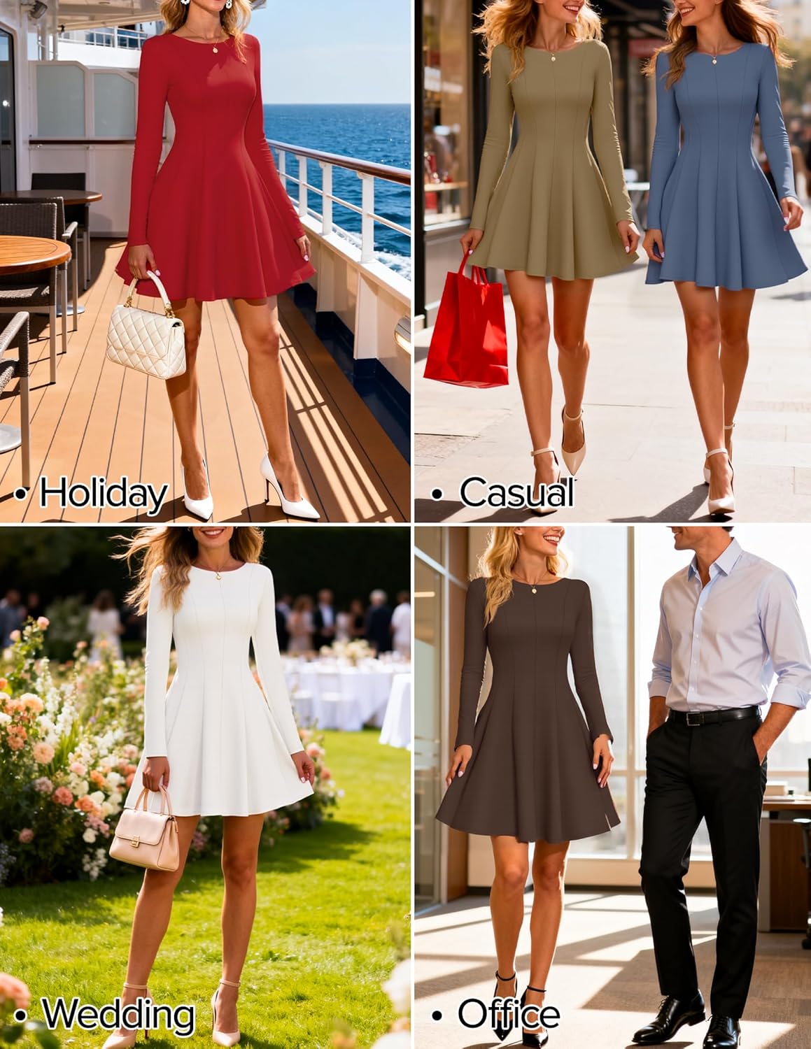 ZESICA Womens Long Sleeve Mini Dress 2026 Fall Crewneck Pleated Babydoll A Line Flowy Wedding Party Short Dresses - Image 6