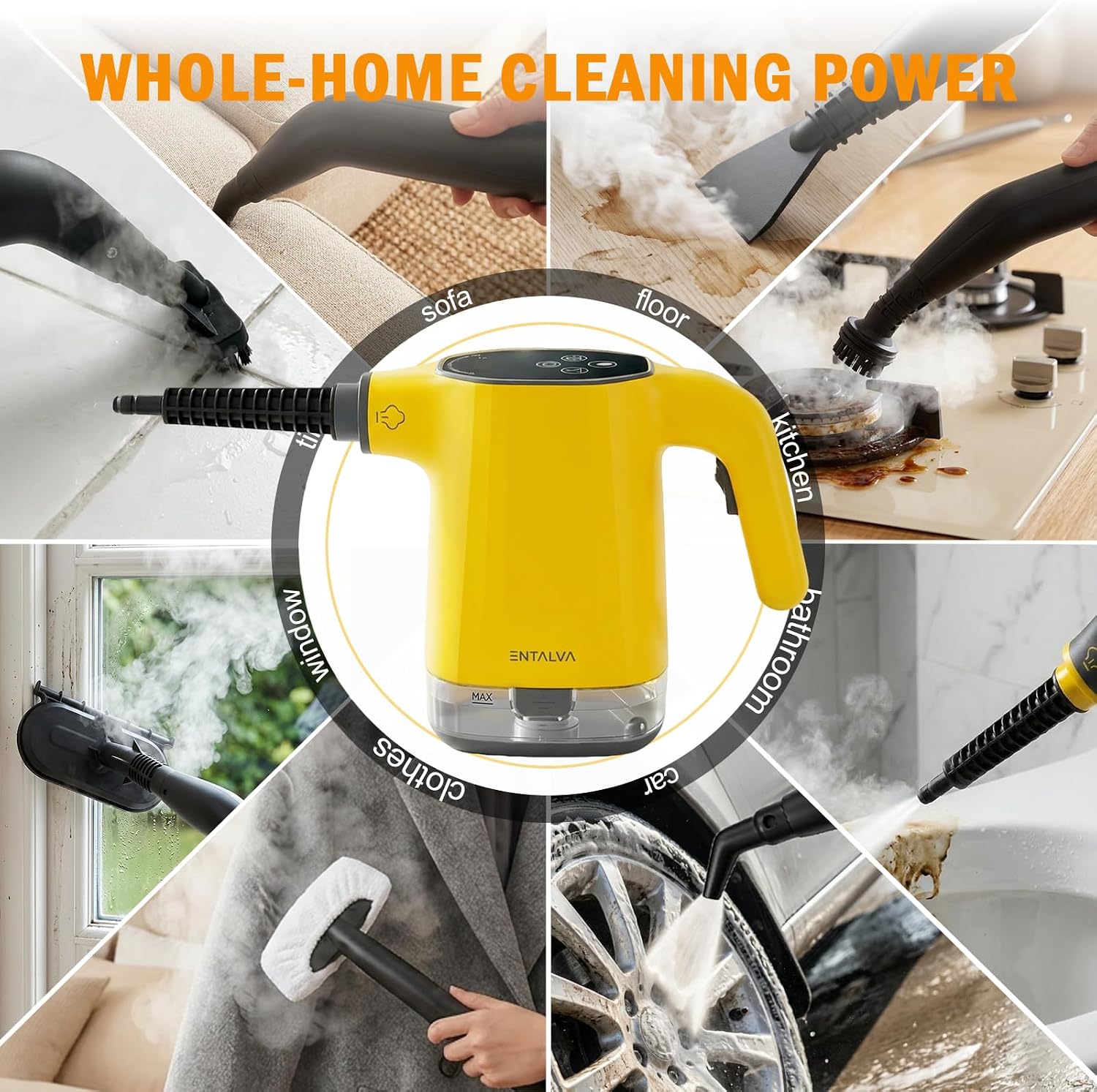 Handheld Steam Cleaner, Adjustable Steamer Cleaner, 15pcs Portable Cleaning for Car, Carpet, Furniture 410 mL, Yellow