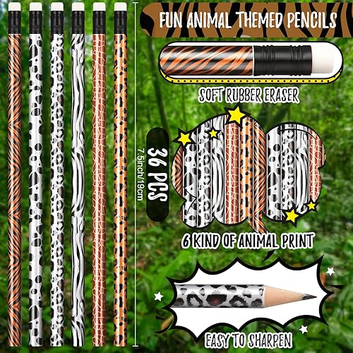 Miniatura 2 de 36 lápices con estampado de selva de animales, de madera, zoológico, africano, leopardo, guepardo, con borrador, regalos de graduación, suministros