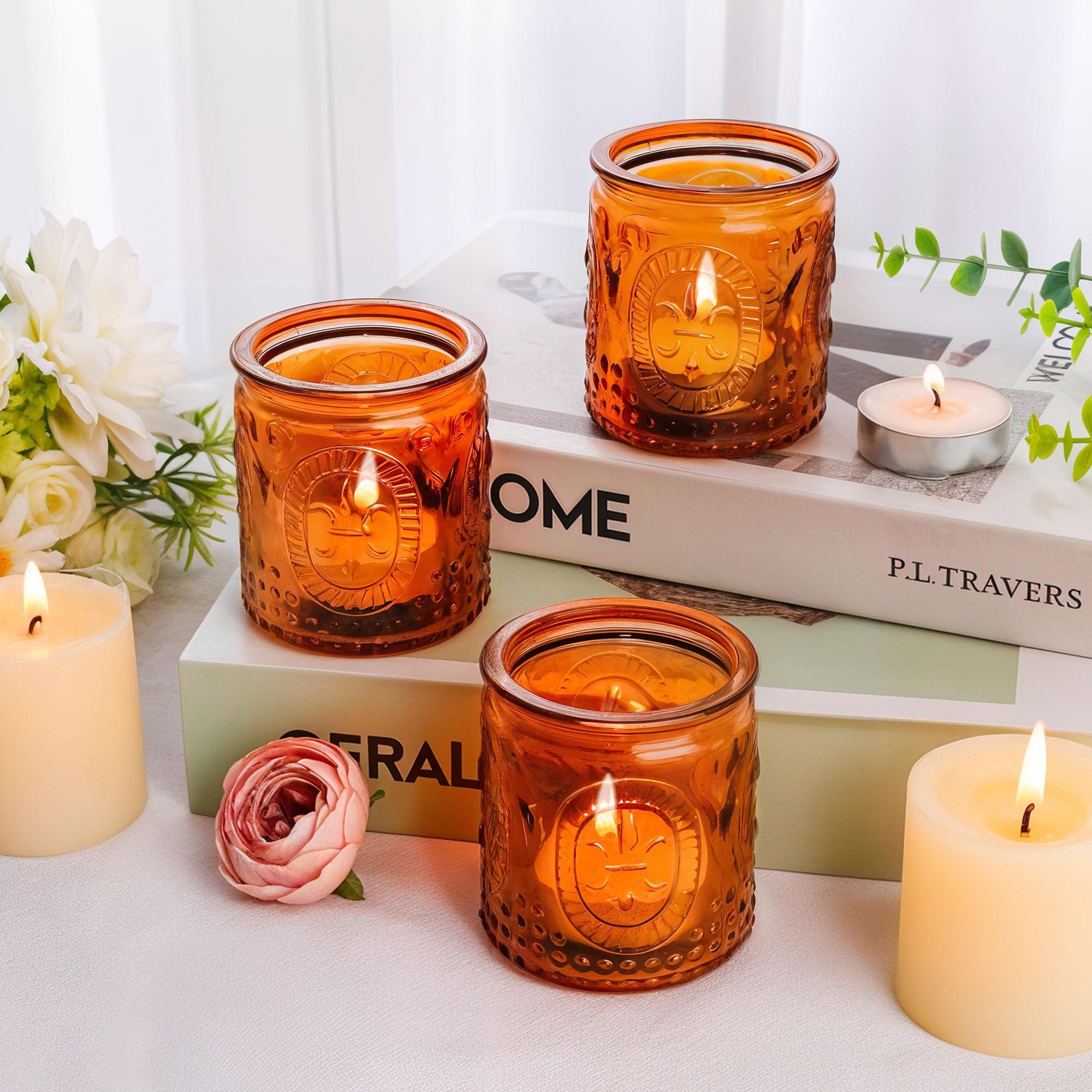 6PCS Glass Tea Light Candle Holders,Vintage Candle Jar, Coloured Tealight Holders, Votive Candle Stand for Indoor, Outdoor, Garden, Dinner, Church, Weddings, Home Décor, Gifts (Brown)