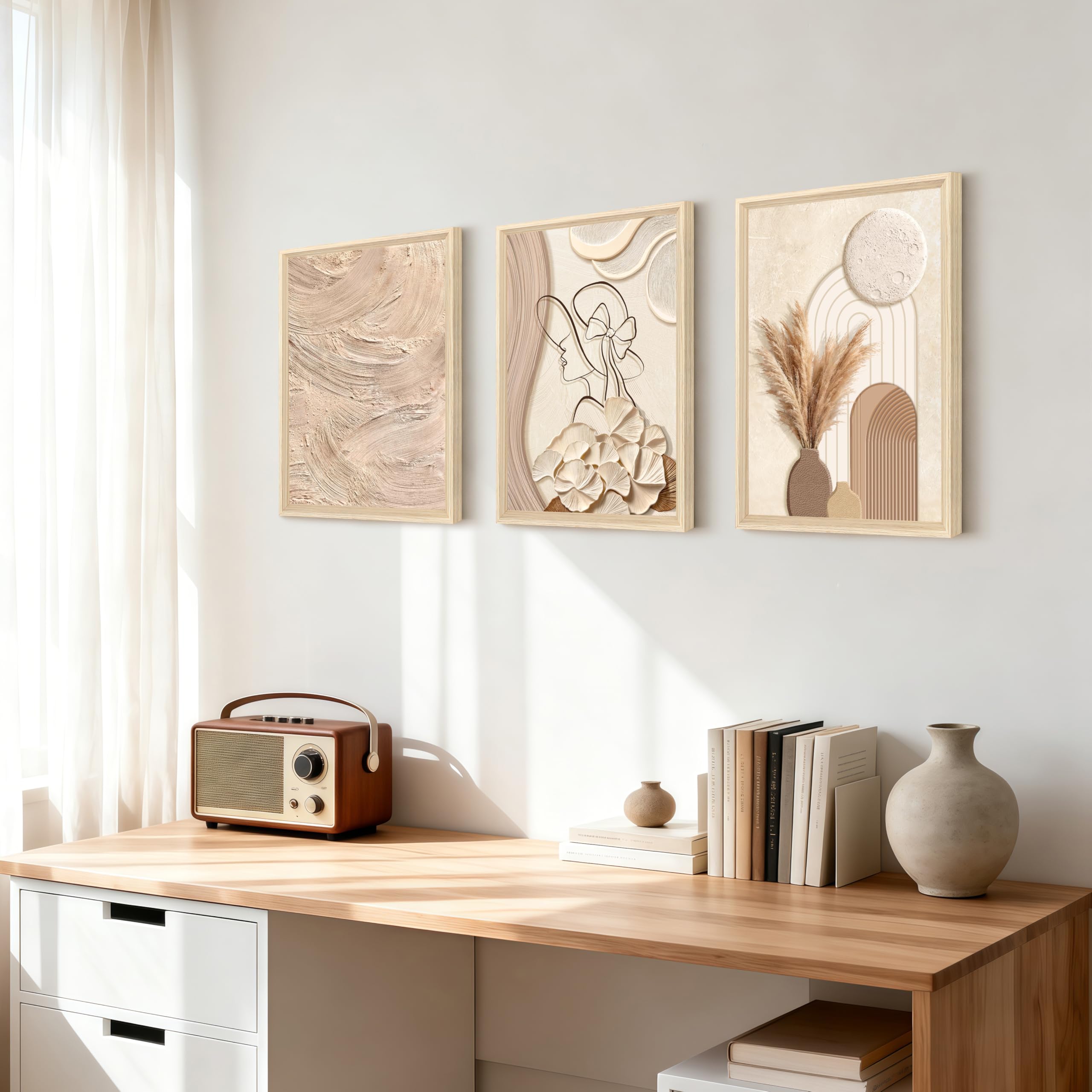3Pcs Cadre en bois Impression sur Toile Beige Clair et Crème Tableau Silhouette Féminine Peinture Motif Abstrait Neutre Tableau Decoration Murale Salon Chambre Maison 30x40cm x3 (Pas de plexiglas)