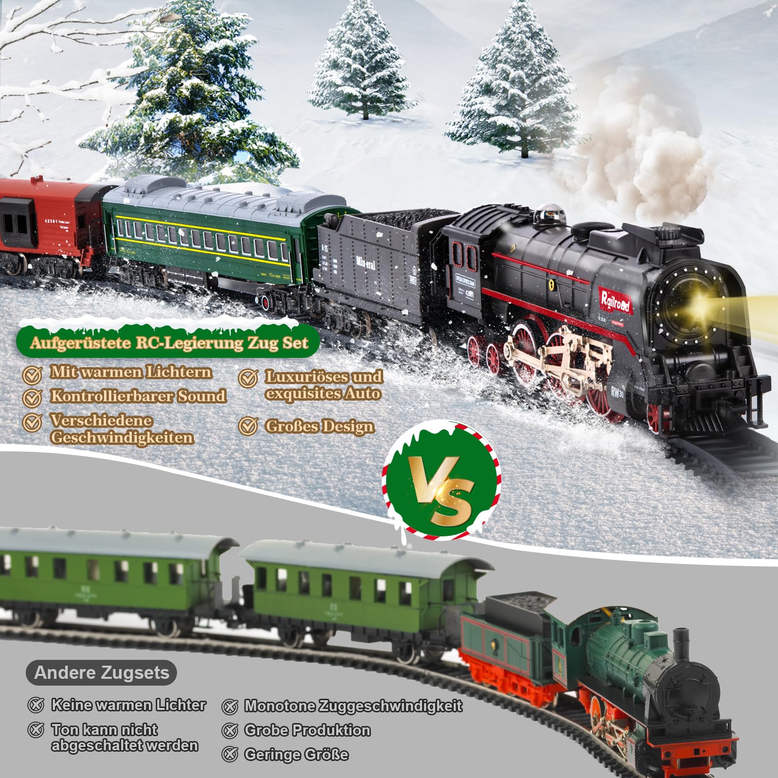 Joellfuner Elektrische Zug Spielzeug, Eisenbahn Kinder Elektrisch, Fernbedienung Dampfzug Spielzeug mit Dampf, Sounds und Lights, Weihnachtszug um den Baum Geschenk für Kinder
