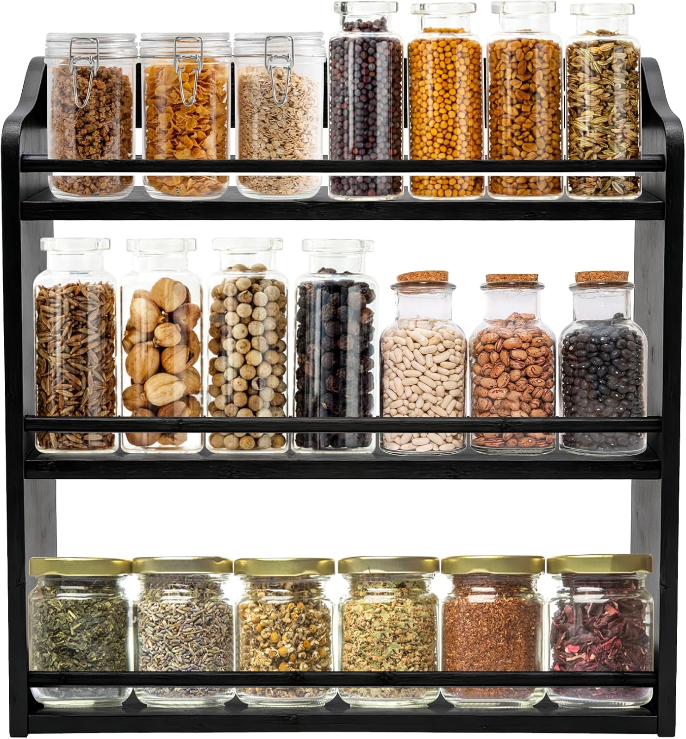 3 Tier Bamboo Spice Rack,Seasoning Jars Rack Shelf Spice Organizer for Kitchen Counter or Wall Mounting (Black)