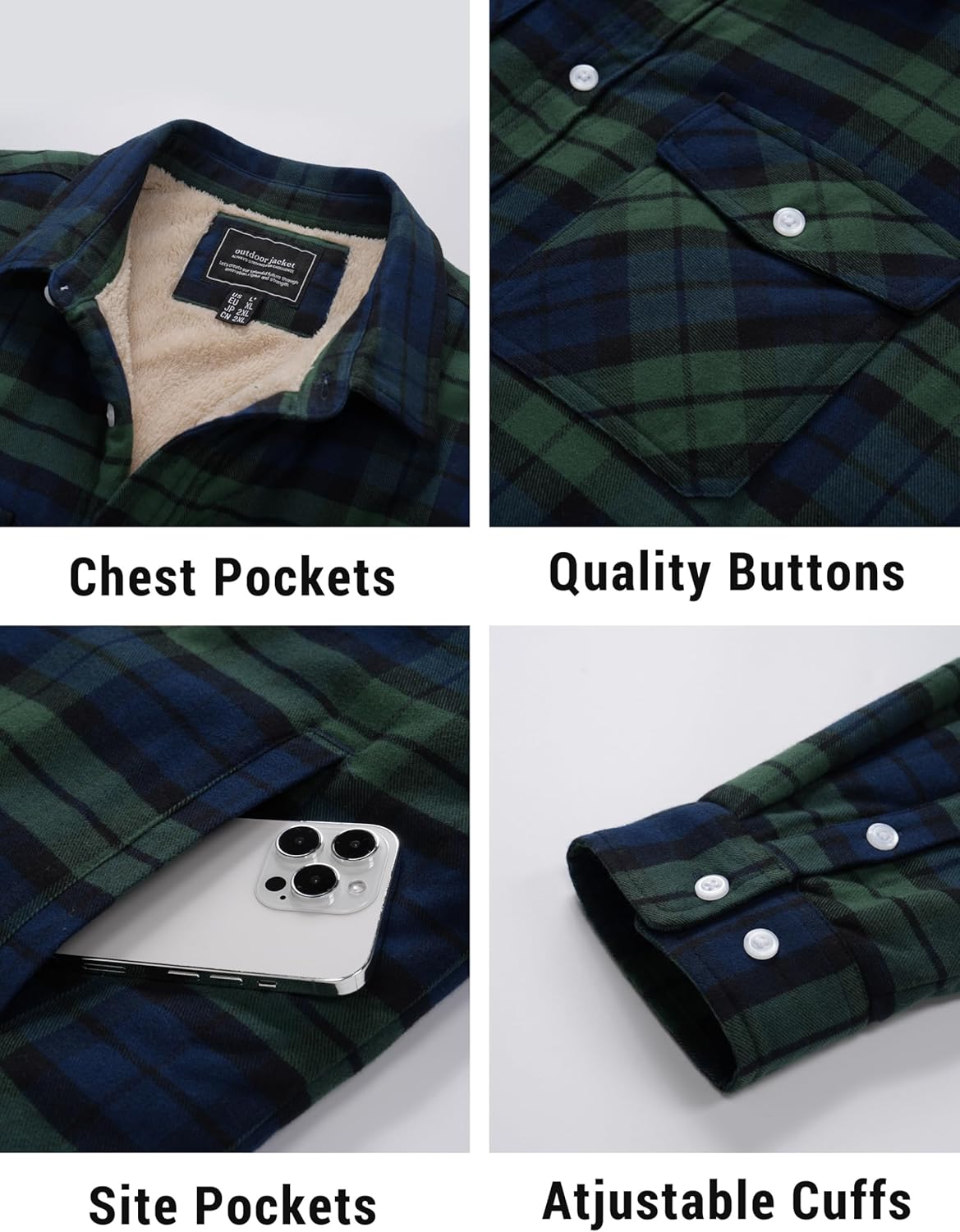 Cotrasen Men's Flannel Shirt Jacket Cotton Plaid Sherpa Lined Fleece Button Down Jacket Coat for Men with 5 Pockets - Image 6