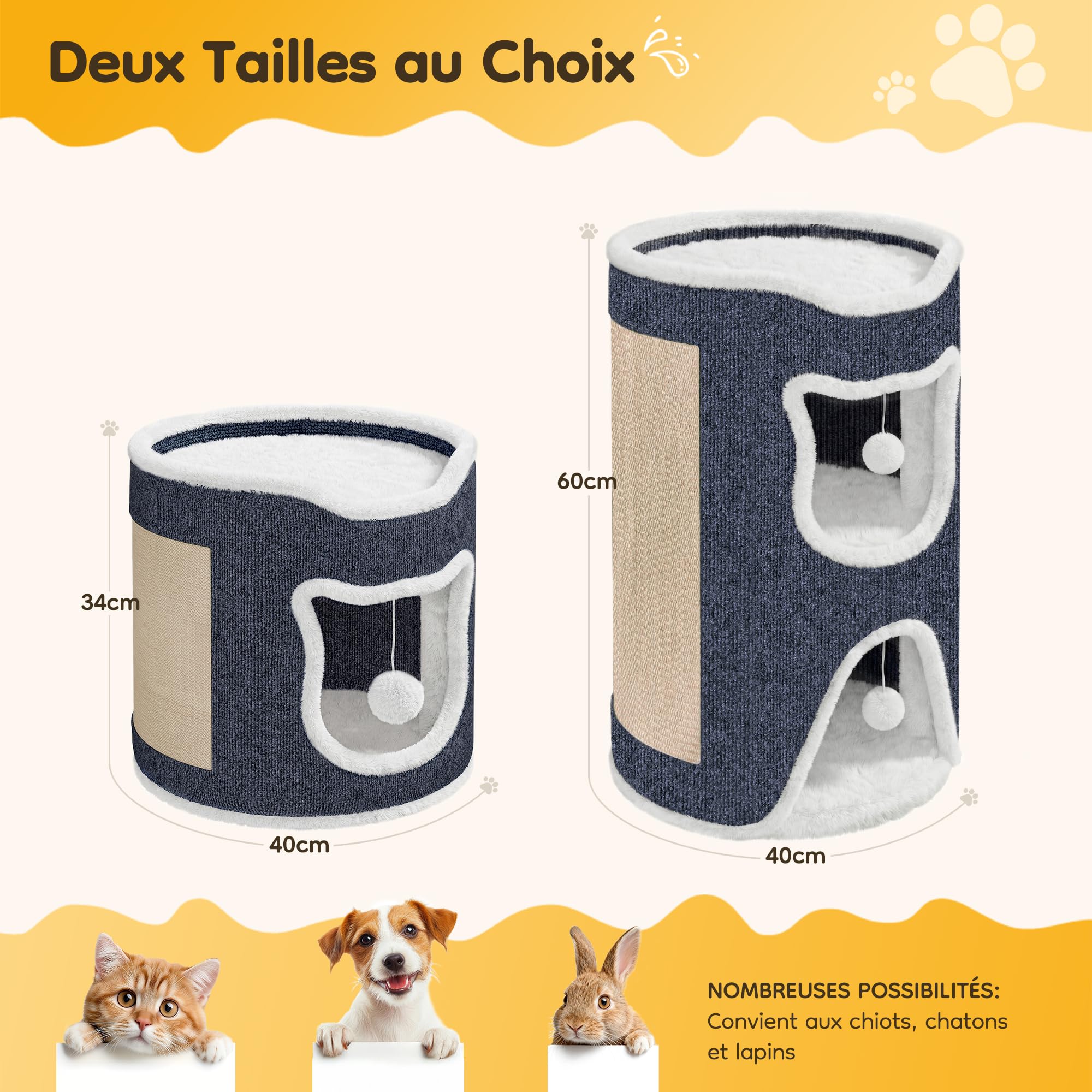 Maison pour Grand Chat, capacité Charge 30 kg, lit Confortable avec griffoir et Balle Jeu, Forme cylindrique, Convient aux Chats Taille Moyenne à Grande, Gris, Couche