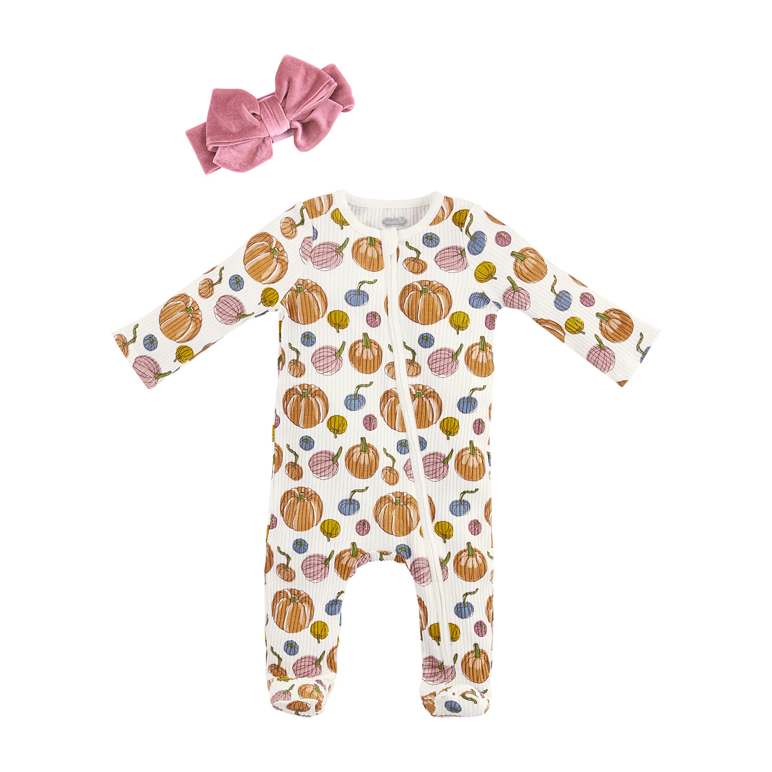 Mud Pie Girls' Pumpkin Sleeper and Headband Set, Cream, 6 Months/9 Months