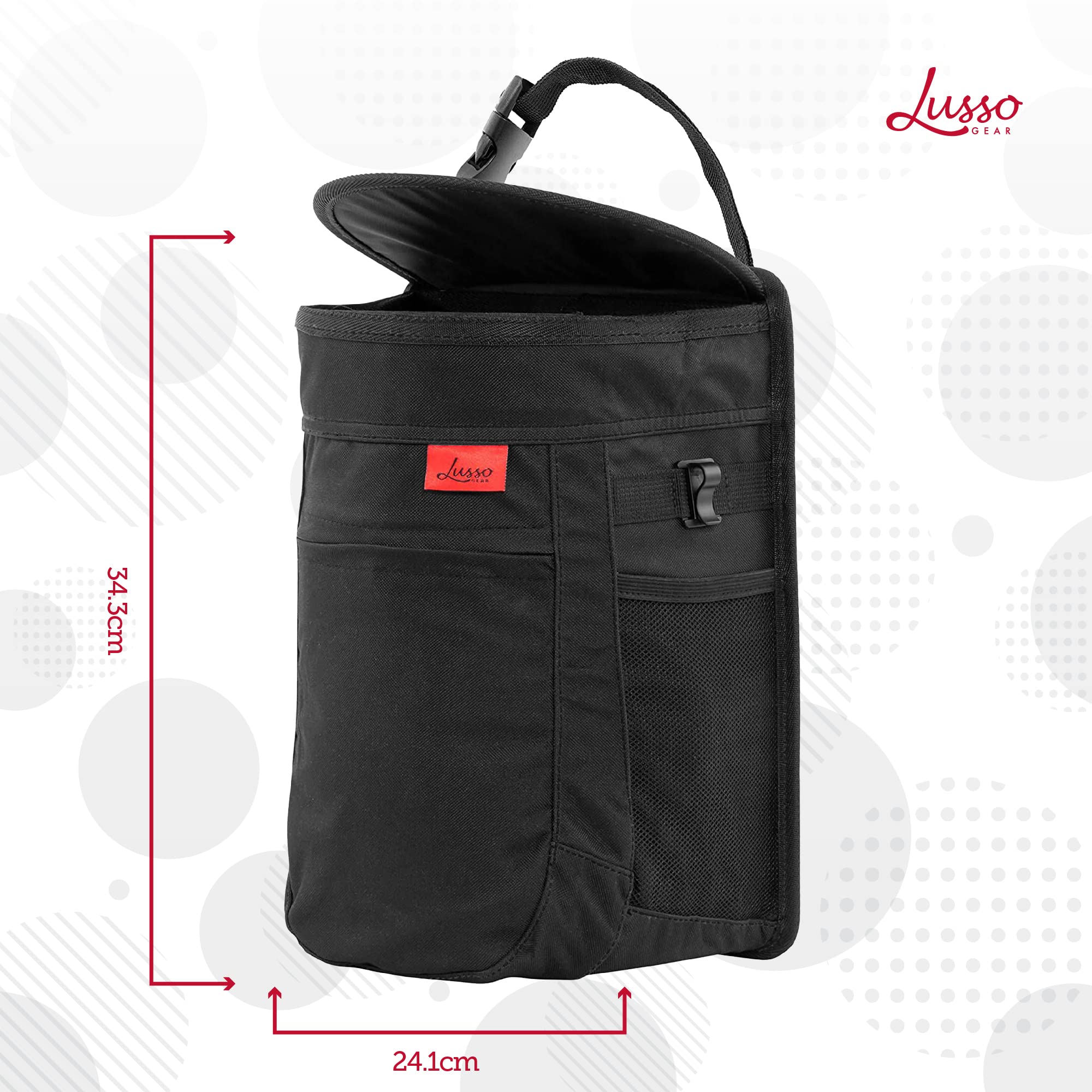 Lusso Gear Auslaufsicherer Automülleimer | 9,5 Liter Mülleimer Auto zum Aufhängen - Herausnehmbarer Innenbehälter - Aufbewahrungsfächer | Hält Auto LKW Minivan & SUV Sauber und Geruchsfrei (Schwarz)
