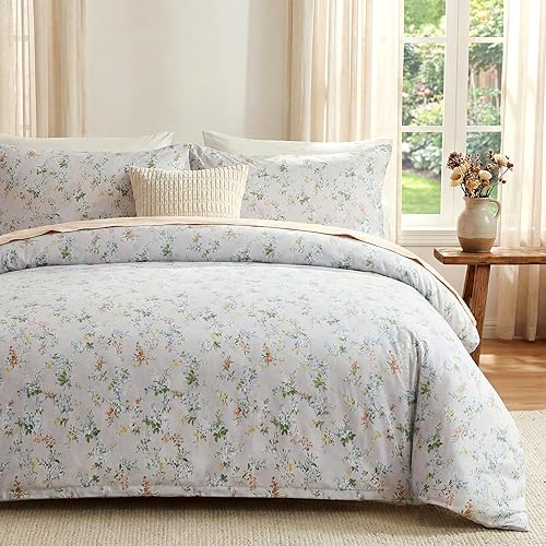 Miniatura 10 de Juego de edredón verde tamaño queen, 100% algodón reversible con patrón floral, juego de edredón de 3 piezas, edredón suave y ligero de algodón,